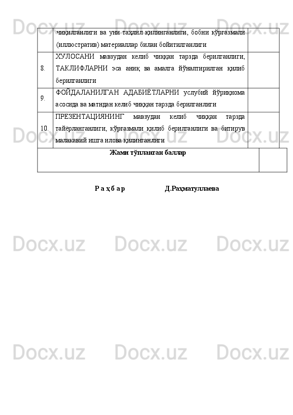 чиқилганлиги   ва   уни   таҳлил   қилинганлиги,   бобни   кўргазмали
(иллюстратив) материаллар билан бойитилганлиги
8. ХУЛОСАНИ   мавзудан   келиб   чиққан   тарзда   берилганлиги,
ТАКЛИФЛАРНИ   эса   аниқ   ва   амалга   йўналтирилган   қилиб
берилганлиги
9. ФОЙДАЛАНИЛГАН   АДАБИЁТЛАРНИ   услубий   йўриқнома
асосида ва матндан келиб чиққан тарзда берилганлиги
10. ПРЕЗЕНТАЦИЯНИНГ   мавзудан   келиб   чиққан   тарзда
тайёрланганлиги,   кўргазмали   қилиб   берилганлиги   ва   битирув
малакавий ишга илова қилинганлиги
Жами тўпланган баллар
Р а ҳ б а р                         Д.Раҳматуллаева 