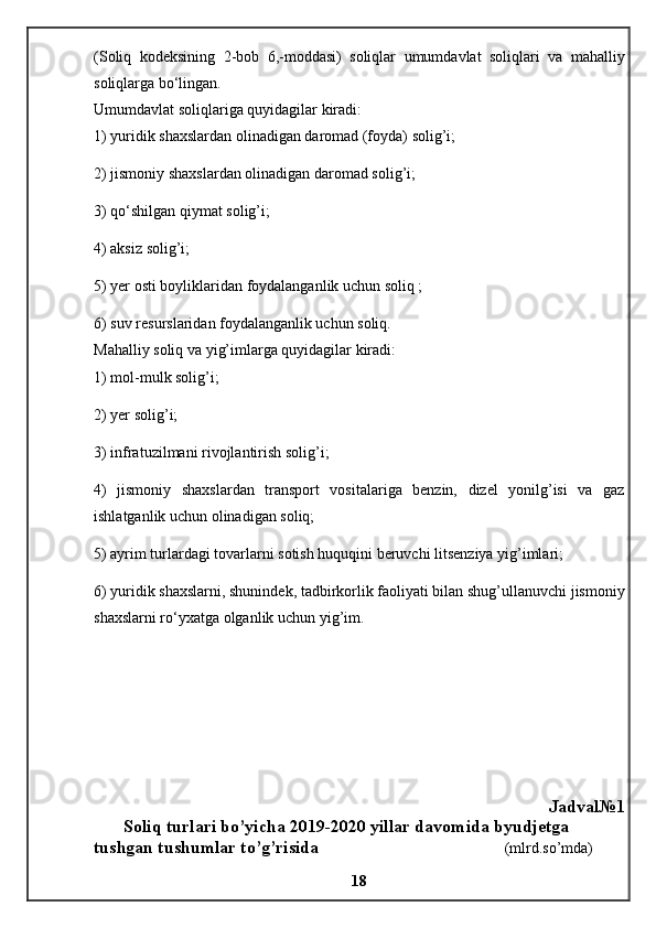 (Soliq   kodeksining   2-bob   6,-moddasi)   soliqlar   umumdavlat   soliqlari   va   mahalliy
soliqlarga bo‘lingan. 
Umumdavlat soliqlariga quyidagilar kiradi: 
1) yuridik shaxslardan olinadigan daromad (foyda) solig’i; 
2) jismoniy shaxslardan olinadigan daromad solig’i; 
3) qo‘shilgan qiymat solig’i; 
4) aksiz solig’i; 
5) yer osti boyliklaridan foydalanganlik uchun soliq ; 
6) suv resurslaridan foydalanganlik uchun soliq. 
Mahalliy soliq va yig’imlarga quyidagilar kiradi: 
1) mol-mulk solig’i; 
2) yer solig’i; 
3) infratuzilmani rivojlantirish solig’i; 
4)   jismoniy   shaxslardan   transport   vositalariga   benzin,   dizel   yonilg’isi   va   gaz
ishlatganlik uchun olinadigan soliq; 
5) ayrim turlardagi tovarlarni sotish huquqini beruvchi litsenziya yig’imlari; 
6) yuridik shaxslarni, shunindek, tadbirkorlik faoliyati bilan shug’ullanuvchi jismoniy
shaxslarni ro‘yxatga olganlik uchun yig’im. 
Jadval№1
Soliq turlari bo’yicha 2019-2020 yillar davomida byudjetga 
tushgan tushumlar to’g’risida                                           (mlrd.so’mda)
18 
