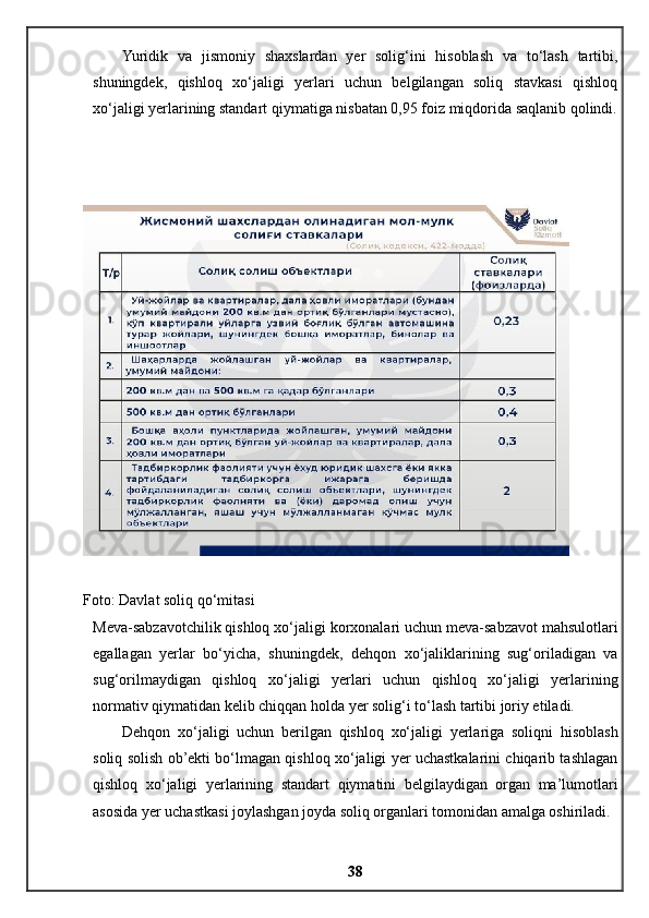 Yuridik   va   jismoniy   shaxslardan   yer   solig‘ini   hisoblash   va   to‘lash   tartibi,
shuningdek,   qishloq   xo‘jaligi   yerlari   uchun   belgilangan   soliq   stavkasi   qishloq
xo‘jaligi yerlarining standart qiymatiga nisbatan 0,95 foiz miqdorida saqlanib qolindi.
Foto: Davlat soliq qo‘mitasi
Meva-sabzavotchilik qishloq xo‘jaligi korxonalari uchun meva-sabzavot mahsulotlari
egallagan   yerlar   bo‘yicha,   shuningdek,   dehqon   xo‘jaliklarining   sug‘oriladigan   va
sug‘orilmaydigan   qishloq   xo‘jaligi   yerlari   uchun   qishloq   xo‘jaligi   yerlarining
normativ qiymatidan kelib chiqqan holda yer solig‘i to‘lash tartibi joriy etiladi.
Dehqon   xo‘jaligi   uchun   berilgan   qishloq   xo‘jaligi   yerlariga   soliqni   hisoblash
soliq solish ob’ekti bo‘lmagan qishloq xo‘jaligi yer uchastkalarini chiqarib tashlagan
qishloq   xo‘jaligi   yerlarining   standart   qiymatini   belgilaydigan   organ   ma’lumotlari
asosida yer uchastkasi joylashgan joyda soliq organlari tomonidan amalga oshiriladi.
38 
