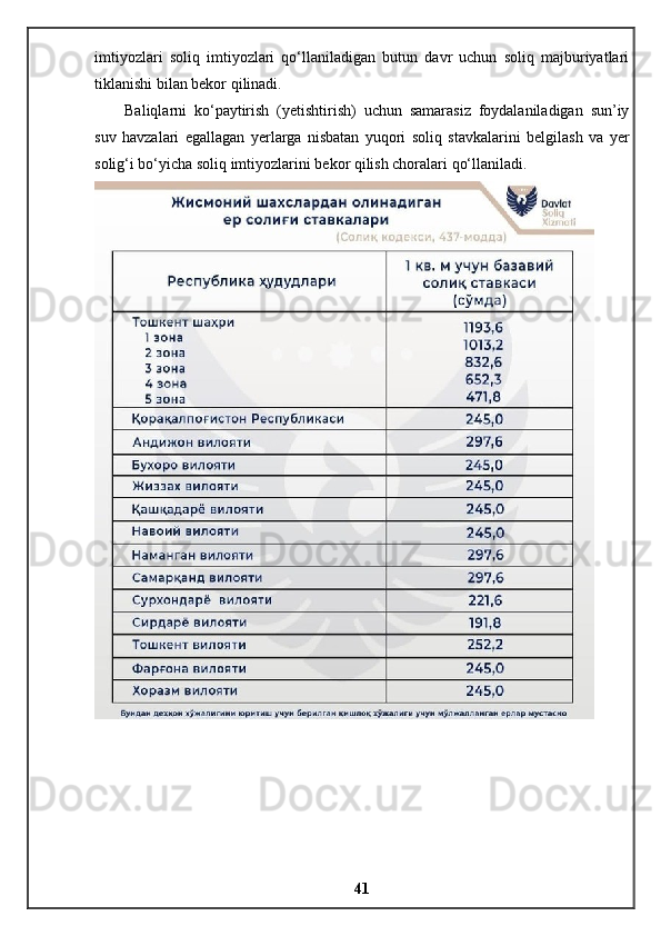 imtiyozlari   soliq   imtiyozlari   qo‘llaniladigan   butun   davr   uchun   soliq   majburiyatlari
tiklanishi bilan bekor qilinadi.
Baliqlarni   ko‘paytirish   (yetishtirish)   uchun   samarasiz   foydalaniladigan   sun’iy
suv   havzalari   egallagan   yerlarga   nisbatan   yuqori   soliq   stavkalarini   belgilash   va   yer
solig‘i bo‘yicha soliq imtiyozlarini bekor qilish choralari qo‘llaniladi.
41 