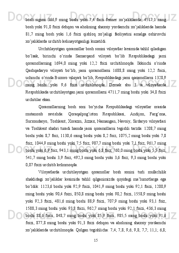 bosh   sigirni   366,9   ming   boshi   yoki   7,4   foizi   fermer   xo’jaliklarida,   4517,1   ming
bosh yoki 91,0 foizi dehqon va aholining shaxsiy yordamchi xo’jaliklarida hamda
81,7   ming   bosh   yoki   1,6   foizi   qishloq   xo’jaligi   faoliyatini   amalga   oshiruvchi
xo’jaliklarda urchitib kelinayotganligi kuzatildi. 
Urchitilayotgan qoramollar bosh sonini viloyatlar kesimida tahlil qiladigan
bo’lsak,   birinchi   o’rinda   Samarqand   viloyati   bo’lib   Respublikadagi   jami
qoramollarning   1694,0   ming   yoki   12,2   foizi   urchitilmoqda.   Ikkinchi   o’rinda
Qashqadaryo   viloyati   bo’lib,   jami   qoramollarni   1688,8   ming   yoki   12,2   foizi,
uchinchi o’rinda Buxoro viloyati bo’lib, Respublikadagi jami qoramollarni 1328,9
ming   boshi   yoki   9,6   foizi   urchitilmoqda.   Demak   shu   3   ta   viloyatlarda
Respublikada urchitilayotgan jami qoramollarni 4711,7 ming boshi yoki 34,0 foizi
urchitilar ekan. 
Qoramollarning   bosh   soni   bo’yicha   Respublikadagi   viloyatlar   orasida
mutanosib   ravishda:   Qoraqalpog’iston   Respublikasi,   Andijon,   Farg’ona,
Surxondaryo, Toshkent,  Xorazm, Jizzax,  Namangan, Navoiy,  Sirdaryo viloyatlari
va   Toshkent   shahri   turadi   hamda   jami   qoramollarni   tegishli   tarzda:   1208,7   ming
boshi yoki 8,7 foiz, 1130,6 ming boshi yoki 8,2 foiz, 1075,2 ming boshi yoki 7,8
foiz, 1044,9 ming boshi yoki 7,5 foiz, 987,7 ming boshi yoki 7,1 foiz, 961,7 ming
boshi yoki 6,9 foiz, 943,1 ming boshi yoki 6,8 foiz, 760,0 ming boshi yoki 5,5 foiz,
541,7   ming   boshi   3,9   foiz,   492,3   ming   boshi   yoki   3,6   foiz;   9,3   ming   boshi   yoki
0,07 foizi urchitib kelinmoqda. 
Viloyatlarda   urchitilayotgan   qoramollar   bosh   sonini   turli   mulkchilik
shaklidagi   xo’jaliklar   kesimida   tahlil   qilganimizda   quyidagi   ma’lumotlarga   ega
bo’ldik:   1123,6   boshi   yoki   92,9   foizi,   1041,9   ming   boshi   yoki   92,1   foizi,   1200,9
ming boshi  yoki 90,4 foizi, 850,8 ming boshi  yoki 90,2 foizi, 1558,9 ming boshi
yoki   92,3   foizi,   481,6   ming   boshi   88,9   foizi,   707,9   ming   boshi   yoki   93,1   foiz,
1588,3 ming boshi yoki 93,8 foizi, 962,7 ming boshi  yoki 92,1 foizi, 436,3 ming
boshi   88,6   foizi,   848,7   ming   boshi   yoki   85,9   foizi,   985,5   ming   boshi   yoki   91,6
foizi,   877,8   ming   boshi   yoki   91,3   foizi   dehqon   va   aholining   shaxsiy   yordamchi
xo’jaliklarida urchitilmoqda. Qolgan tegishlicha:  7,4; 7,8; 9,6; 9,8; 7,7; 11,1; 6,8;
15 