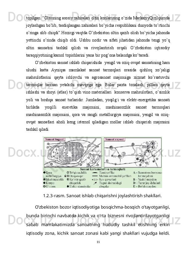 topilgan. “Oltinning asosiy zahiralari oltin konlarining o’zida MarkaziyQizilqumda
joylashgan bo’lib, tasdiqlangan zahiralari bo’yicha respublikani dunyoda to’rtinchi
o’ringa olib chiqdi”.Hozirgi vaqtda O’zbekiston oltin qazib olish bo’yicha jahonda
yettinchi   o’rinda   chiqib   oldi.   Ushbu   nodir   va   sifati   jihatidan   jahonda   tengi   yo’q
oltin   sanoatini   tashkil   qilish   va   rivojlantirish   orqali   O’zbekiston   iqtisodiy
taraqqiyotining kamol topishlarini yana bir po g’ ona balandga ko’taradi.
O’zbekiston sanoat ishlab chiqarishida  yengil va oziq-ovqat sanoatining ham
ulushi   katta   Ayniqsa   mamlakat   sanoat   tarmoqlari   orasida   qishloq   xo’jaligi
mahsulotlarini   qayta   ishlovchi   va   agrosanoat   majmuiga   xizmat   ko’rsatuvchi
tarmoqlar   tarixan   yetakchi   mavqega   ega.   Bular   paxta   tozalash,   pillani   qayta
ishlashi  va shoyi (atlas) to’qish vino materiallari   konserva mahsulotlari, o’simlik
yo І i   va   boshqa   sanoat   turlaridir.   Jumladan,   yoqil g` i   va   elektr-energetika   sanoati
birlikda   yoqil І i   eneretika   majmuini,   mashinasozlik   sanoat   tarmoqlari
mashinasozlik   majmuini,   qora   va   rangli   metallurgiya   majmuini,   yengil   va   oziq-
ovqat   sanoatlari   aholi   keng   istemol   qiladigan   mollar   ishlab   chiqarish   majmuini
tashkil qiladi.
1.2.3-rasm. Sanoat ishlab chiqarishni joylashtirish shakllari.
O’zbekiston bozor iqtisodiyotiga bosqichma-bosqich o’tayotganligi,
bunda  birinchi navbatda  kichik  va  o’rta biznesni rivojlantirilayotganligi
sabab   mamlakatimizda   sanoatning   hududiy   tashkil   etishning   erkin
iqtisodiy   zona,   kichik   sanoat   zonasi  kabi  yangi   shakllari   vujudga   keldi.
11 