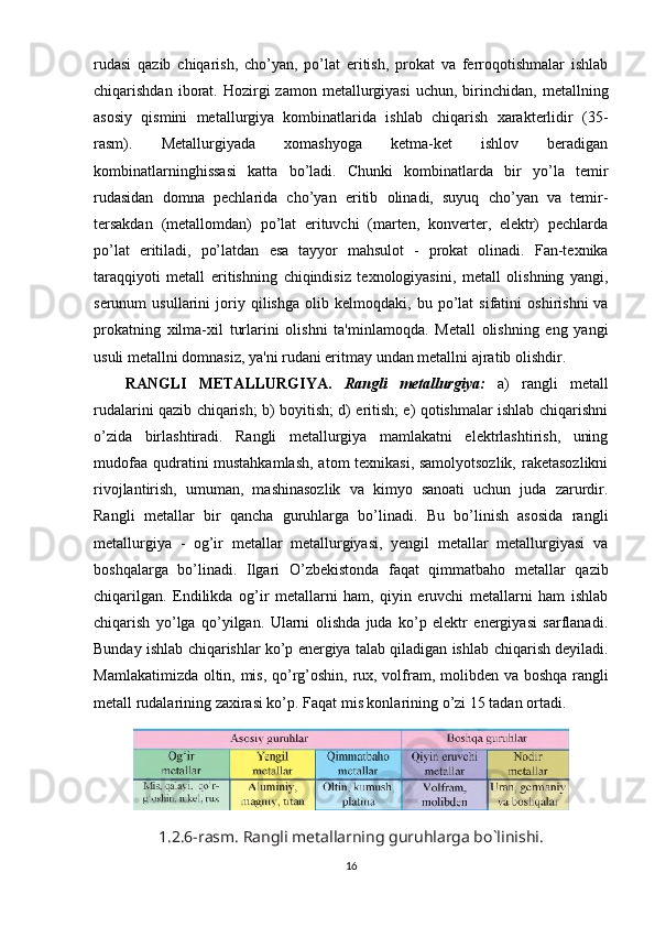 rudasi   qazib   chiqarish,   cho’yan,   po’lat   eritish,   prokat   va   ferroqotishmalar   ishlab
chiqarishdan  iborat.  Hozirgi  zamon   metallurgiyasi   uchun,  birinchidan,   metallning
asosiy   qismini   metallurgiya   kombinatlarida   ishlab   chiqarish   xarakterlidir   (35-
rasm).   Metallurgiyada   xomashyoga   ketma-ket   ishlov   beradigan
kombinatlarning hissasi   katta   bo’ladi.   Chunki   kombinatlarda   bir   yo’la   temir
rudasidan   domna   pechlarida   cho’yan   eritib   olinadi,   suyuq   cho’yan   va   temir-
tersakdan   (metallomdan)   po’lat   erituvchi   (marten,   konverter,   elektr)   pechlarda
po’lat   eritiladi,   po’latdan   esa   tayyor   mahsulot   -   prokat   olinadi.   Fan-texnika
taraqqiyoti   metall   eritishning   chiqindisiz   texnologiyasini,   metall   olishning   yangi,
serunum   usullarini   joriy   qilishga   olib  kelmoqdaki,   bu  po’lat   sifatini   oshirishni   va
prokatning   xilma-xil   turlarini   olishni   ta'minlamoqda.   Metall   olishning   eng   yangi
usuli metallni domnasiz, ya'ni rudani eritmay   undan metallni ajratib olishdir.
RANGLI   METALLURGIYA.   Rangli   metallurgiya:   a)   rangli   metall
rudalarini qazib chiqarish; b) boyitish; d) eritish; e) qotishmalar ishlab chiqarishni
o’zida   birlashtiradi.   Rangli   metallurgiya   mamlakatni   elektrlashtirish,   uning
mudofaa qudratini mustahkamlash, atom texnikasi, samolyotsozlik, raketasozlikni
rivojlantirish,   umuman,   mashinasozlik   va   kimyo   sanoati   uchun   juda   zarurdir.
Rangli   metallar   bir   qancha   guruhlarga   bo’linadi.   Bu   bo’linish   asosida   rangli
metallurgiya   -   og’ir   metallar   metallurgiyasi,   yengil   metallar   metallurgiyasi   va
boshqalarga   bo’linadi.   Ilgari   O’zbekistonda   faqat   qimmatbaho   metallar   qazib
chiqarilgan.   Endilikda   og’ir   metallarni   ham,   qiyin   eruvchi   metallarni   ham   ishlab
chiqarish   yo’lga   qo’yilgan.   Ularni   olishda   juda   ko’p   elektr   energiyasi   sarflanadi.
Bunday ishlab chiqarishlar ko’p energiya talab qiladigan ishlab   chiqarish deyiladi.
Mamlakatimizda oltin, mis, qo’rg’oshin, rux, volfram, molibden va   boshqa rangli
metall rudalarining zaxirasi ko’p. Faqat mis konlarining   o’zi 15 tadan ortadi.
1.2.6-rasm. Rangli metallarning guruhlarga bo`linishi.
16 