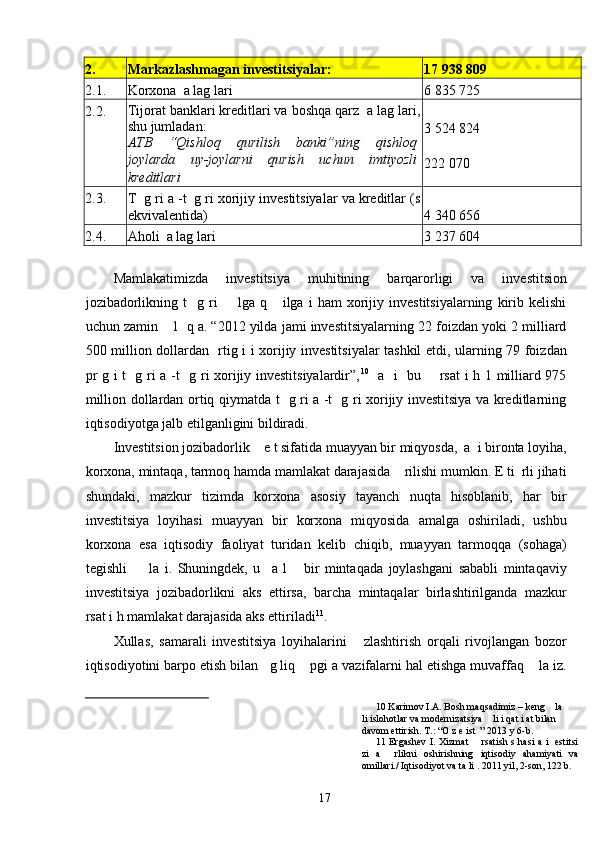 2. Markazlashmagan investitsiyalar: 17 938 809
2.1. Korxona  a lag lari 6 835 725
2.2. Tijorat banklari kreditlari va boshqa qarz  a lag lari,
shu jumladan:
ATB   “Qishloq   qurilish   banki”ning   qishloq
joylarda   uy-joylarni   qurish   uchun   imtiyozli
kreditlari 3 524 824
222 070
2.3. T  g ri a -t  g ri xorijiy investitsiyalar va kreditlar (s
ekvivalentida) 4 340 656
2.4. Aholi  a lag lari 3 237 604
 
Mamlakatimizda   investitsiya   muhitining   barqarorligi   va   investitsion
jozibadorlikning   t     g   ri         lga   q       ilga   i   ham   xorijiy   investitsiyalarning   kirib   kelishi
uchun zamin    l  q a. “2012 yilda jami investitsiyalarning 22 foizdan yoki 2 milliard
500 million dollardan   rtig i i xorijiy investitsiyalar tashkil etdi, ularning 79 foizdan
pr g i t   g ri a -t   g ri xorijiy investitsiyalardir”, 10
   a   i   bu       rsat i h 1 milliard 975
million dollardan ortiq qiymatda t   g ri a -t   g ri xorijiy investitsiya va kreditlarning
iqtisodiyotga jalb etilganligini bildiradi.  
Investitsion jozibadorlik    e t sifatida muayyan bir miqyosda,  a  i bironta loyiha,
korxona, mintaqa, tarmoq hamda mamlakat darajasida    rilishi mumkin. E ti  rli jihati
shundaki,   mazkur   tizimda   korxona   asosiy   tayanch   nuqta   hisoblanib,   har   bir
investitsiya   loyihasi   muayyan   bir   korxona   miqyosida   amalga   oshiriladi,   ushbu
korxona   esa   iqtisodiy   faoliyat   turidan   kelib   chiqib,   muayyan   tarmoqqa   (sohaga)
tegishli         la   i.   Shuningdek,   u     a   l       bir   mintaqada   joylashgani   sababli   mintaqaviy
investitsiya   jozibadorlikni   aks   ettirsa,   barcha   mintaqalar   birlashtirilganda   mazkur
rsat i h mamlakat darajasida aks ettiriladi 11
. 
Xullas,   samarali   investitsiya   loyihalarini       zlashtirish   orqali   rivojlangan   bozor
iqtisodiyotini barpo etish bilan   g liq    pgi a vazifalarni hal etishga muvaffaq    la iz.
10  Karimov I.A. Bosh maqsadimiz – keng    la 
li islohotlar va modernizatsiya    li i qat i at bilan 
davom ettirish. T.: “O z e ist  ” 2013 y 6-b. 
11   Ergashev I. Xizmat       rsatish s hasi a i   estitsi
zi   a     rlikni   oshirishning   iqtisodiy   ahamiyati   va
omillari./ Iqtisodiyot va ta li . 2011 yil, 2-son, 122 b. 
  17   