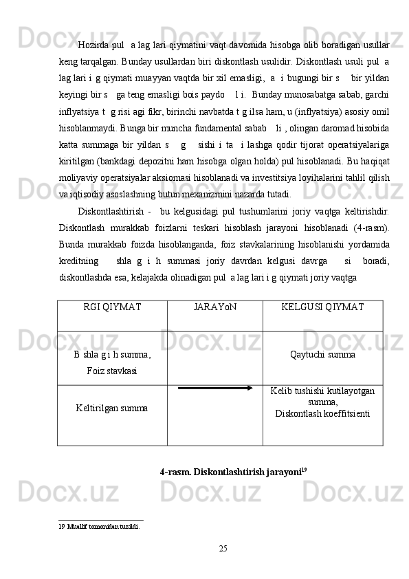 Hozirda pul   a lag lari qiymatini vaqt davomida hisobga olib boradigan usullar
keng tarqalgan. Bunday usullardan biri diskontlash usulidir. Diskontlash usuli pul   a
lag lari i g qiymati muayyan vaqtda bir xil emasligi,   a   i bugungi bir s       bir yildan
keyingi bir s   ga teng emasligi bois paydo    l i.  Bunday munosabatga sabab, garchi
inflyatsiya t  g risi agi fikr, birinchi navbatda t g ilsa ham, u (inflyatsiya) asosiy omil
hisoblanmaydi. Bunga bir muncha fundamental sabab    li , olingan daromad hisobida
katta   summaga   bir   yildan   s       g       sishi   i   ta     i   lashga   qodir   tijorat   operatsiyalariga
kiritilgan (bankdagi depozitni ham hisobga olgan holda) pul hisoblanadi. Bu haqiqat
moliyaviy operatsiyalar aksiomasi hisoblanadi va investitsiya loyihalarini tahlil qilish
va iqtisodiy asoslashning butun mexanizmini nazarda tutadi.  
Diskontlashtirish   -     bu   kelgusidagi   pul   tushumlarini   joriy   vaqtga   keltirishdir.
Diskontlash   murakkab   foizlarni   teskari   hisoblash   jarayoni   hisoblanadi   (4-rasm).
Bunda   murakkab   foizda   hisoblanganda,   foiz   stavkalarining   hisoblanishi   yordamida
kreditning       shla   g   i   h   summasi   joriy   davrdan   kelgusi   davrga       si     boradi,
diskontlashda esa, kelajakda olinadigan pul  a lag lari i g qiymati joriy vaqtga  
 
RGI QIYMAT JARAYoN KELGUSI QIYMAT
B shla g i h summa,
Foiz stavkasi Qaytuchi summa
Keltirilgan summa Kelib tushishi kutilayotgan
summa,
Diskontlash koeffitsienti
 
4-rasm. Diskontlashtirish jarayoni 19
 
 
19  Muallif tomonidan tuzildi. 
  25   