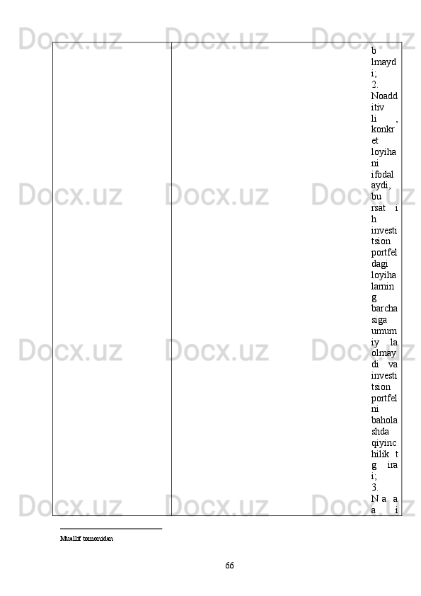 b
lmayd
i;
2.
Noadd
itiv
li   ,
konkr
et
loyiha
ni
ifodal
aydi,
bu
rsat   i
h
investi
tsion
portfel
dagi
loyiha
larnin
g
barcha
siga
umum
iy    la
olmay
di   va
investi
tsion
portfel
ni
bahola
shda
qiyinc
hilik   t
g     ira
i;
3.
N   a     a
a   i
                                                  
Muallif tomonidan   
  66   