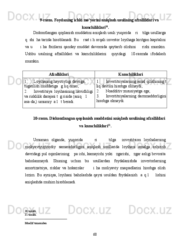 9-rasm. Foydaning ichki me’yorini aniqlash usulining afzalliklari va 
kamchiliklari 30
. 
Diskontlangan qoplanish muddatini aniqlash usuli yuqorida    ri    tilga usullarga
q  shi  ha tarzda hisoblanadi. Bu    rsat i h orqali investor loyihaga kiritgan kapitalini
va   u           i   ha   foizlarni   qanday   muddat   davomida   qaytarib   olishini         rishi   mumkin.
Ushbu   usulning   afzalliklari   va   kamchiliklarini     quyidagi     10-rasmda   ifodalash
mumkin. 
 
Afzalliklari Kamchiliklari
1. Loyihaning hayotiyligi davriga, 
tugatilish muddatiga   g liq emas;
2. Investitsiya  loyihasining likvidliligi 
va risklilik darajasi t  g risida (aniq    l 
asa-da,) umumiy  a l   t beradi. 1. Investitsiyalarning amal qilishining t
liq davrini hisobga olmaydi;
2. Noadditiv xususiyatga ega;
3. Investitsiyalarning   daromaddorligini
hisobga olmaydi.
 
10-rasm. Diskontlangan qoplanish muddatini aniqlash usulining afzalliklari 
va kamchiliklari 31
. 
 
Umuman   olganda,   yuqorida         ri         tilga     investitsion   loyihalarning
moliyaviyiqtisodiy   samaradorligini   aniqlash   usullarida   loyihani   amalga   oshirish
davridagi pul oqimlarining    pa ishi, kamayishi yoki   zgarishi,   zgar asligi bevosita
baholanmaydi.   Shuning   uchun   bu   usullardan   foydalanishda   investorlarning
amortizatsiya,   risklar   va   hokazolar           i   ha   moliyaviy   maqsadlarini   hisobga   olish
lozim.   Bu   ayniqsa,   loyihani   baholashda   qaysi   usuldan   foydalanish     a   q   l         lishini
aniqlashda muhim hisoblanadi. 
 
30  tuzildi.
31  tuzildi.
                                                  
Muallif tomonidan   
  68   