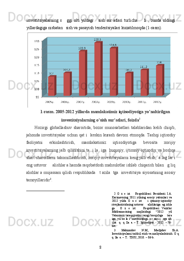 investitsiyalarning   s       ggi   olti   yildagi       sish   sur   atlari   turlicha         li   ,   bunda   oldingi
yillardagiga nisbatan   sish va pasayish tendentsiyalari kuzatilmoqda (1-rasm). 
1-rasm. 2005-2012 yillarda mamlakatimiz iqtisodiyotiga yo’naltirilgan 
investitsiyalarning o’sish sur’atlari, foizda 2
 
Hozirgi   globallashuv   sharoitida,   bozor   munosabatlari   talablaridan   kelib   chiqib,
jahonda  investitsiyalar   uchun qat   i     keskin  kurash   davom  etmoqda.  Tashqi  iqtisodiy
faoliyatni   erkinlashtirish,   mamlakatimiz   iqtisodiyotiga   bevosita   xorijiy
investitsiyalarning jalb qilinishini ta   i la   iga   huquqiy, ijtimoiy-iqtisodiy va boshqa
shart-sharoitlarni takomillashtirish, xorijiy investitsiyalarni keng jalb etish,  a lag lar i
eng ustuvor     alishlar a hamda raqobatdosh mahsulotlar ishlab chiqarish bilan   g liq
alishlar a mujassam qilish respublikada     t azila   tga   investitsiya siyosatining asosiy
tamoyillaridir 3
. 
2   O   z   e   ist       Respublikasi   Prezidenti   I.A.
Karimovning   2011   yilning   asosiy   yakunlari   va
2012   yilda   O   z   e   ist       i   ijtimoiy-iqtisodiy
rivojlantirishning ustuvor     alishlariga  ag ishla
ga     O   z   e   ist       Respublikasi   Vazirlar
Mahkamasining   majlisidagi   “2012   yil
Vatanimiz taraqqiyotini yangi  bosqichga       tara
iga   yil bo la i” mavzusidagi  a r zasi i    rga ish
i ha   q   q  lla  a. – T.: Iqtisodiyot. - 2012. – 76-
bet. 
3   Mahmudov   N.M,   Madjidov   Sh.A.
Investitsiyalarni tashkil etish va moliyalashtirish. O q
q  lla  a. – T.: TDIU, 2010. – 86-b. 
  8   