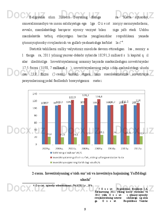 Belgiyalik   olim   Xilbern   Boysning   fikriga         ra   “Katta   iqtisodiy,
mineralxomashyo va inson salohiyatiga ega    lga . O z e ist   xorijiy sarmoyadorlarni,
avvalo,   mamlakatdagi   barqaror   siyosiy   vaziyat   bilan       ziga   jalb   etadi.   Ushbu
mamlakatda   tatbiq   etilayotgan   barcha   yangilanishlar   respublikani   yanada
ijtimoiyiqtisodiy rivojlantirish va gullab-yashnatishga kafolat    la i” 4
.  
Statistik tahlillarni milliy valyutimiz misolida davom ettiradigan    lsa , rasmiy  a
l   tlarga    ra, 2011 yilning yanvar-dekabr oylarida 18291,3 milliard s   li kapital q   il
alar    zlashtirilga . Investitsiyalarning umumiy hajmida markazlashgan investitsiyalar
17,5 foizni (3198, 7   milliard   s     ), investitsiyalarning yalpi ichki mahsulotdagi ulushi
esa   23,9   foizni   (2-rasm)   tashkil   etgani   ham   mamlakatimizda   investitsiya
jarayonlarining jadal faollashib borayotganini    rsata i. 
 
 
2-rasm. Investitsiyaning o’sish sur’ati va invetitsiya hajmining YaIMdagi 
ulushi 5
 
4  O z e ist   iqtisodiy axborotnomasi. /№ 3/2011 y., 19 b. 
5   O   z   e   ist       Respublikasi   Prezidenti   I.A.
Karimovning   2011   yilning   asosiy   yakunlari   va
2012   yilda   O   z   e   ist       i   ijtimoiy-iqtisodiy
rivojlantirishning   ustuvor           alishlariga     ag   ishla
ga     O   z   e   ist       Respublikasi   Vazirlar
  9   