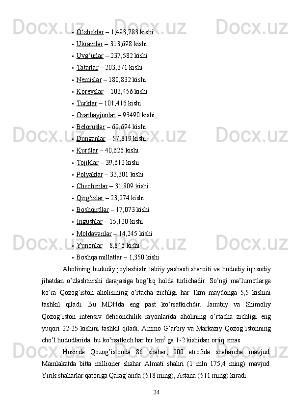  O zbeklarʻ     – 1,493,783 kishi
 Ukrainlar     – 313,698 kishi
 Uyg urlar	
ʻ     – 237,582 kishi
 Tatarlar     – 203,371 kishi
 Nemislar     – 180,832 kishi
 Koreyslar     – 103,456 kishi
 Turklar     – 101,416 kishi
 Ozarbayjonlar     – 93490 kishi
 Beloruslar     – 62,694 kishi
 Dunganlar     – 57,819 kishi
 Kurdlar     – 40,626 kishi
 Tojiklar     – 39,612 kishi
 Polyaklar     – 33,301 kishi
 Chechenlar     – 31,809 kishi
 Qirg izlar
ʻ     – 23,274 kishi
 Boshqirdlar     – 17,073 kishi
 Ingushlar     – 15,120 kishi
 Moldavanlar     – 14,245 kishi
 Yunonlar     – 8,846 kishi
 Boshqa millatlar – 1,350 kishi
Aholining hududiy joylashishi tabiiy yashash sharoiti va hududiy iqtisodiy
jihatdan   o’zlashtiirshi   darajasiga   bog’liq   holda   turlichadir.   So’ngi   ma’lumotlarga
ko’ra   Qozog’iston   aholisining   o’rtacha   zichligi   har   1km   maydonga   5,5   kishini
tashkil   qiladi.   Bu   MDHda   eng   past   ko’rsatkichdir.   Janubiy   va   Shimoliy
Qozog’iston   intensiv   dehqonchilik   rayonlarida   aholining   o’rtacha   zichligi   eng
yuqori  22-25 kishini  tashkil  qiladi. Ammo G’arbiy va Markaziy Qozog’istonning
cho’l hududlarida  bu ko’rsatkich har bir km 2
 ga 1-2 kishidan ortiq emas. 
Hozirda   Qozog’istonda   86   shahar,   200   atrofida   shaharcha   mavjud.
Mamlakatda   bitta   millioner   shahar   Almati   shahri   (1   mln   175,4   ming)   mavjud.
Yirik shaharlar qatoriga Qarag’anda (518 ming), Astana (511 ming) kiradi.
24 