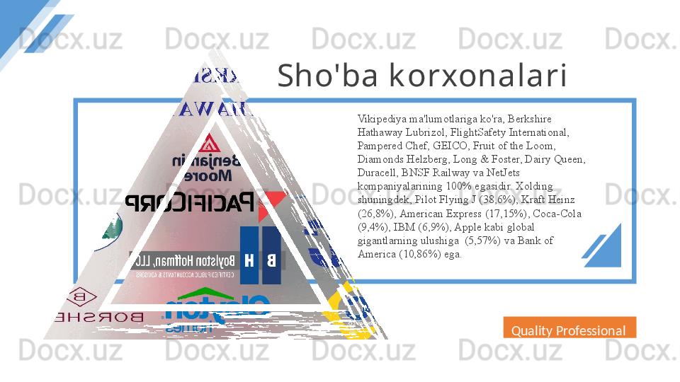 Sho'ba k orxonalari
Vikipediya ma'lumotlariga ko'ra, Berkshire 
Hathaway Lubrizol, FlightSafety International, 
Pampered Chef, GEICO, Fruit of the Loom, 
Diamonds Helzberg, Long & Foster, Dairy Queen, 
Duracell, BNSF Railway va NetJets 
kompaniyalarining 100% egasidir. Xolding 
shuningdek, Pilot Flying J (38,6%), Kraft Heinz 
(26,8%), American Express (17,15%), Coca-Cola 
(9,4%), IBM (6,9%), Apple kabi global 
gigantlarning ulushiga  (5,57%) va Bank of 
America (10,86%) ega. 
Quality Professional
