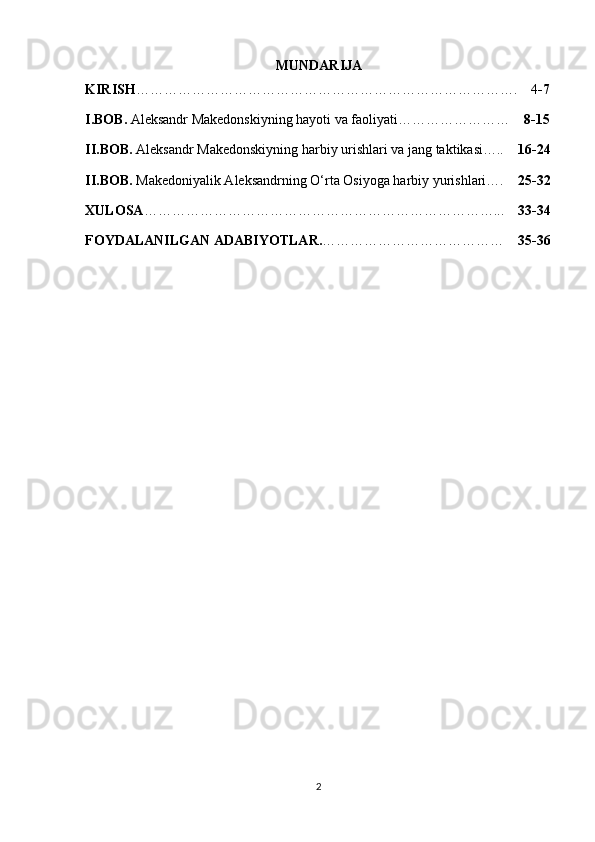 MUNDARIJA
KIRISH ……………………………………………………………………….     4 -7
I.BOB.  Aleksandr Makedonskiyning hayoti va faoliyati……………………     8-15
II.BOB.  Aleksandr Makedonskiyning harbiy urishlari va jang  taktikasi…..     16-24
II.BOB.  Makedoniyalik Aleksandrning O‘rta Osiyoga harbiy yurishlari….     25-32
XULOSA …………………………………………………………………...     33-34
FOYDALANILGAN ADABIYOTLAR. …………………………………     35-36
2 