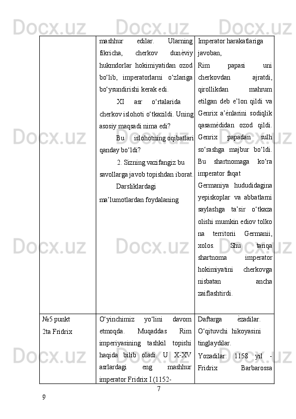 mashhur   edilar.   Ularning
fikricha,   cherkov   dun ѐ* viy
hukmdorlar   hokimiyatidan   ozod
bo‘lib,   imperatorlarni   o‘zlariga
bo‘ysundirishi kerak edi. 
XI  asr  o‘rtalarida 
cherkov islohoti o‘tkazildi. Uning
asosiy maqsadi nima edi? 
Bu  islohotning oqibatlari
qanday bo‘ldi? 
2. Sizning vazifangiz bu 
savollarga javob topishdan iborat.
Darsliklardagi 
ma’lumotlardan foydalaning 
  Imperator harakatlariga 
javoban, 
Rim   papasi   uni
cherkovdan   ajratdi,
qirollikdan   mahrum
etilgan   deb   e’lon   qildi   va
Genrix   a’	
ѐ*nlarini   sodiqlik
qasam	
ѐ*didan   ozod   qildi.
Genrix   papadan   sulh
so‘rashga   majbur   bo‘ldi.
Bu   shartnomaga   ko‘ra
imperator faqat 
Germaniya   hududidagina
yepiskoplar   va   abbatlarni
saylashga   ta’sir   o‘tkaza
olishi mumkin ediov tolko
na   territorii   Germanii,
xolos.   Shu   tariqa
shartnoma   imperator
hokimiyatini   cherkovga
nisbatan   ancha
zaiflashtirdi. 
 
№5 punkt 
2ta Fridrix  O‘yinchimiz   yo‘lini   davom
etmoqda.   Muqaddas   Rim
imperiyasining   tashkil   topishi
haqida   bilib   oladi.   U   X-XV
asrlardagi   eng   mashhur
imperator Fridrix I (1152- Daftarga   ѐ	
* zadilar.
O‘qituvchi   hikoyasini
tinglaydilar. 
Yozadilar:   1158   yil   -
Fridrix   Barbarossa
7
9     