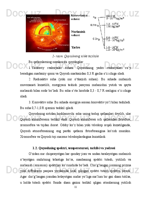 112-   rasm.   Quyoshning   ichki   tuzilishi
Bu   qatlamlarning   nomlanishi   quyidagilar:
1. Yadroviy   reaksiyalar   sohasi.   Quyoshning   yadro   reaksiyalari   ro‘y
beradigan   markaziy   qismi va Quyosh markazidan   0,3 R   gacha   o‘z ichiga   oladi.
2. Radioaktiv   soha   (yoki   nur   o‘tkazish   sohasi).   Bu   sohada   nurlanish
muvozanati   kuzatilib,   energiyani   tashish   jarayoni   nurlanishni   yutish   va   qayta
nurlanish bilan sodir bo‘ladi. Bu soha o‘rta hisobda 0,3 - 0,7 R oraligini o‘z ichiga
oladi.
3. Konvektiv soha. Bu sohada energiya asosan konvektiv yo‘l bilan tashiladi.
Bu   soha   0,7-1,0 R   qismini tashkil   qiladi.
Quyoshning sirtidan boshlanuvchi soha uning tashqi qatlamlari deyilib, ular
Quyosh   atmosferasini   tashkil   etadi.  Quyosh   atmosferasi   uch   qatlamdan   fotosfera,
xromosfera   va   tojdan   iborat.   Oddiy   ko‘z   bilan   yoki   teleskop   orqali   kuzatilganda,
Quyosh   atmosferasining   eng   pastki   qatlami   fotosferanigina   ko‘rish   mumkin.
Xromosfera   va   Quyosh   toji maxsus   teleskoplardagina   kuzatiladi.
1.2.  Quyoshning   spektri,   temperaturasi,   tarkibi   va   yadrosi
O‘zidan nur chiqarayotgan har qanday jism va undan taralayotgan nurlanish
o‘tayotgan   muhitning   tabiatiga   ko‘ra,   manbaning   spektri   tutash,   yutilish   va
nurlanish   (emission)   spektrlari   ko‘rinishida   bo‘ladi.   Cho‘g‘langan   jismning   prizma
yoki   diffraksion   panjara   yordamida   hosil   qilingan   spektri   tutash   spektrni   beradi.
Agar   cho‘g‘langan   jismdan   kelayotgan   nurlar   yo‘liga   ma’lum   bir   gaz   sham   tutilsa,
u   holda   tutash   spektri   fonida   sham   gazini   tashkil   qilgan   atomlarning   yutilish 