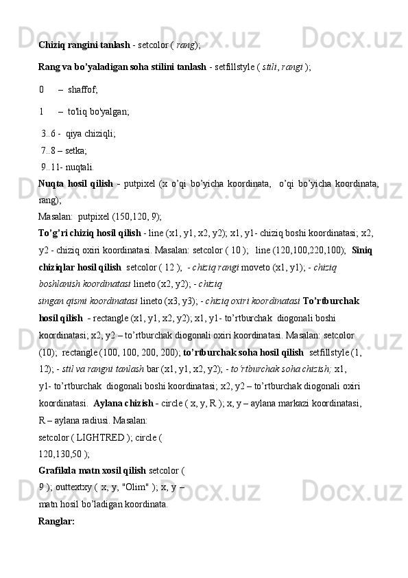 Chiziq rangini tanlash  - setcolor (  rang );  
Rang va bo’yaladigan soha stilini tanlash  - setfillstyle (  stili ,  rangi  );  
0 –  shaffof;    
1 –  to'liq bo'yalgan;     
 3..6 -  qiya chiziqli;  
 7..8 – setka;  
 9..11- nuqtali.  
Nuqta   hosil   qilish   -   putpixel   (x   o’qi   bo’yicha   koordinata,     o’qi   bo’yicha   koordinata,
rang);   
Masalan:  putpixel (150,120, 9);  
To’g’ri chiziq hosil qilish  - line (x1, y1, x2, y2); x1, y1- chiziq boshi koordinatasi; x2,
y2 - chiziq oxiri koordinatasi. Masalan: setcolor ( 10 );   line (120,100,220,100);   Siniq
chiziqlar hosil qilish   setcolor ( 12 );  -  chiziq rangi  moveto (x1, y1); -  chiziq 
boshlanish koordinatasi  lineto (x2, y2); -  chiziq   
singan qismi koordinatasi  lineto (x3, y3); -  chiziq oxiri koordinatasi   To’rtburchak 
hosil qilish  -  rectangle (x1, y1, x2, y2); x1, y1- to’rtburchak  diogonali boshi 
koordinatasi; x2, y2 – to’rtburchak diogonali oxiri koordinatasi. Masalan: setcolor 
(10);  rectangle (100, 100, 200, 200);  to’rtburchak soha hosil qilish   setfillstyle (1,
12); -  stil va rangni tanlash  bar (x1, y1, x2, y2); -  to‘rtburchak soha chizish;  x1, 
y1- to’rtburchak  diogonali boshi koordinatasi; x2, y2 – to’rtburchak diogonali oxiri
koordinatasi.   Aylana chizish -  circle ( x, y, R ); x, y – aylana markazi koordinatasi,
R – aylana radiusi. Masalan:  
setcolor ( LIGHTRED ); circle ( 
120,130,50 );  
Grafikda matn xosil qilish  setcolor (
9 ); outtextxy ( x, y, "Olim" ); x, y –
matn hosil bo’ladigan koordinata.  
Ranglar: