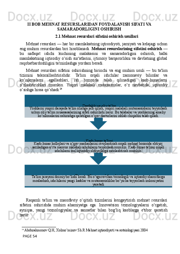 II BOB MEHNAT RESURSLARIDAN FOYDALANISH SIFATI VA
SAMARADORLIGINI OSHIRISH
2.1  Mehnat resurslari sifatini oshirish usullari
Mehnat resurslari — har bir mamlakatning iqtisodiyoti, jamiyati va kelajagi uchun
eng muhim resurslardan biri hisoblanadi.   Mehnat resurslarining sifatini oshirish   —
bu   nafaqat   ishchi   kuchining   malakasini   va   samaradorligini   oshirish,   balki
mamlakatning iqtisodiy o‘sish sur'atlarini, ijtimoiy barqarorlikni  va davlatning global
raqobatbardoshligini ta'minlashga yordam beradi.
Mehnat   resurslari   sifatini   oshirishning   birinchi   va   eng   muhim   usuli   —   bu   ta'lim
tizimini   takomillashtirishdir.   Ta'lim   orqali   ishchilar   zamonaviy   bilimlar   va
ko‘nikmalarni   egallashlari,   ish   bozorida   talab   qilinadigan   kasb-hunarlarni
o‘zlashtirishlari   mumkin.   Yuqori   malakali   mutaxassislar,   o‘z   navbatida,   iqtisodiy
o‘sishga hissa qo‘shadi. 14
Raqamli   ta'lim   va   masofaviy   o‘qitish   tizimlarini   kengaytirish   mehnat   resurslari
sifatini   oshirishda   muhim   ahamiyatga   ega.   Innovatsion   texnologiyalarni   o‘rgatish,
ayniqsa,   yangi   texnologiyalar   va   sanoatlar   bilan   bog‘liq   kasblarga   e'tibor   qaratish
zarur.
14
  Abdurahmonov Q.H, Xolmo’minov Sh.R Mehnat iqtisodiyoti va sotsiologiyasi 2004
 PAGE 54 - Doimiy ta'lim va malaka oshirish
Ta'lim jarayoni doimiy bo‘lishi kerak. Bu o‘zgaruvchan texnologik va iqtisodiy sharoitlarga 
moslashish, ishchilarni yangi kasblar va mutaxassisliklar bo‘yicha tayyorlash imkoniyatini 
yaratadi- Kasb-hunar ta'limi
Kasb-hunar kollejlari va o‘quv markazlarini rivojlantirish orqali mehnat bozorida ehtiyoj 
seziladigan o‘rta maxsus malakali ishchilarni tayyorlash mumkin. Kasb-hunar ta'limi orqali 
ishchilarni real iqtisodiy ehtiyojlarga moslashtirish mumkin. - Dastlabki va oliy ta'lim
Yoshlarni yuqori darajada ta'lim olishga jalb qilish, yuqori malakali mutaxassislarni tayyorlash 
uchun oliy ta'lim muassasalarining sifati oshirilishi zarur. Bu talabalar va yoshlarning amaliy 
ko‘nikmalarini oshirishga qaratilgan o‘quv dasturlarini ishlab chiqishni talab qiladi .       