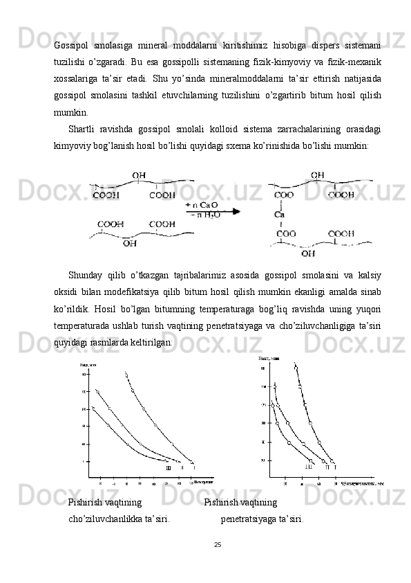 Gossipol   smolasiga   mineral   moddalarni   kiritishimiz   hisobiga   dispers   sistemani
tuzilishi   o’zgaradi.   Bu   esa   gossipolli   sistemaning   fizik-kimyoviy   va   fizik-mexanik
xossalariga   ta’sir   etadi.   Shu   yo’sinda   mineral moddalarni   ta’sir   ettirish   natijasida
gossipol   smolasini   tashkil   etuvchilarning   tuzilishini   o’zgartirib   bitum   hosil   qilish
mumkin. 
Shartli   ravishda   gossipol   smolali   kolloid   sistema   zarrachalarining   orasidagi
kimyoviy bog’lanish hosil bo’lishi quyidagi sxema ko’rinishida bo’lishi mumkin:
Shunday   qilib   o’tkazgan   tajribalarimiz   asosida   gossipol   smolasini   va   kalsiy
oksidi   bilan   modefikatsiya   qilib   bitum   hosil   qilish   mumkin   ekanligi   amalda   sinab
ko’rildik.   Hosil   bo’lgan   bitumning   temperaturaga   bog’liq   ravishda   uning   yuqori
temperaturada   ushlab   turish   vaqtining   penetratsiyaga   va   cho’ziluvchanligiga  ta’siri
quyidagi rasmlarda keltirilgan:
Pishirish vaqtining                          Pishirish vaqtining
cho’ziluvchanlikka ta’siri.                     penetratsiyaga ta’siri.
25 