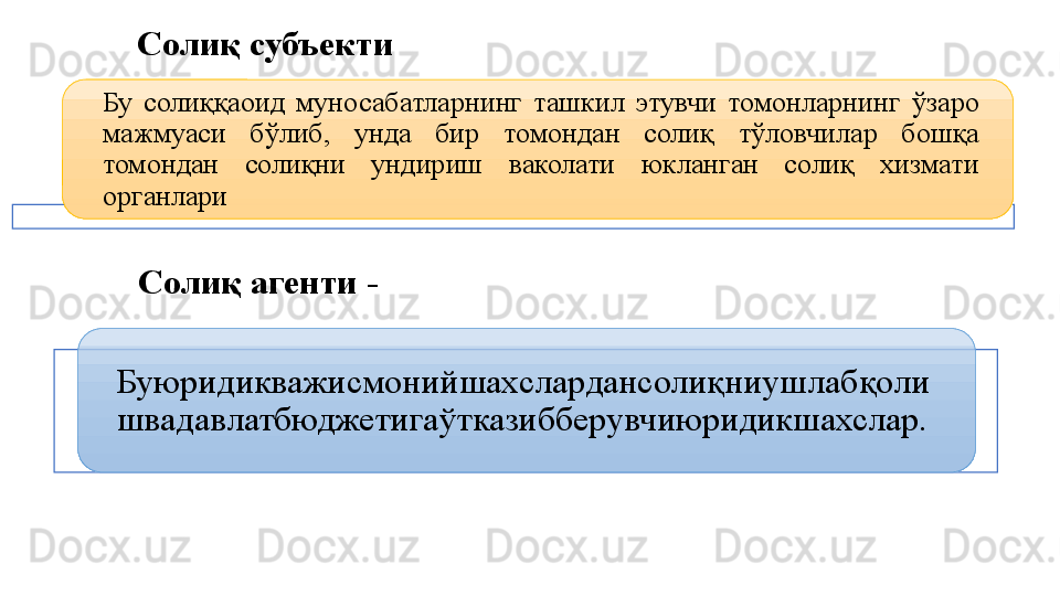 Солиқ субъекти
Бу  солиққаоид  муносабатларнинг  ташкил  этувчи  томонларнинг  ўзаро 
мажмуаси  бўлиб,  унда  бир  томондан  солиқ  тўловчилар  бошқа 
томондан  солиқни  ундириш  ваколати  юкланган  солиқ  хизмати 
органлари
Солиқ агенти -
Буюридикважисмонийшахслардансолиқниушлабқоли
швадавлатбюджетигаўтказибберувчиюридикшахслар.   