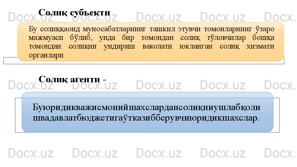 Солиқ субъекти
Бу  солиққаоид  муносабатларнинг  ташкил  этувчи  томонларнинг  ўзаро 
мажмуаси  бўлиб,  унда  бир  томондан  солиқ  тўловчилар  бошқа 
томондан  солиқни  ундириш  ваколати  юкланган  солиқ  хизмати 
органлари
Солиқ агенти -
Буюридикважисмонийшахслардансолиқниушлабқоли
швадавлатбюджетигаўтказибберувчиюридикшахслар.