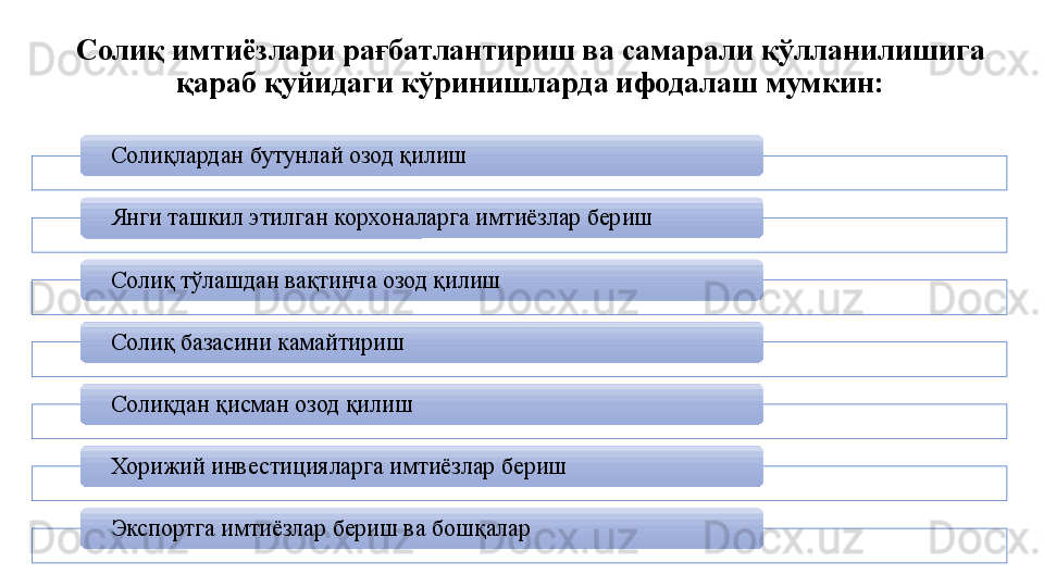 Солиқ имтиёзлари рағбатлантириш ва самарали қўлланилишига 
қараб қуйидаги кўринишларда ифодалаш мумкин:
Солиқлардан бутунлай озод қилиш
Янги ташкил этилган корхоналарга имтиёзлар бериш
Солиқ тўлашдан вақтинча озод қилиш
Солиқ базасини камайтириш
Солиқдан қисман озод қилиш
Хорижий инвестицияларга имтиёзлар бериш
Экспортга имтиёзлар бериш ва бошқалар        