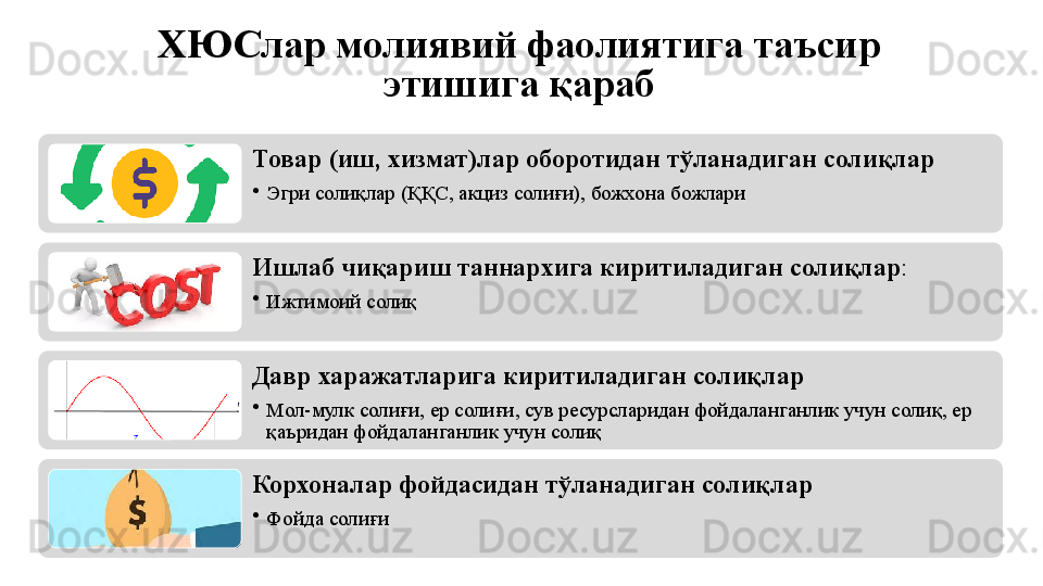 ХЮСлар молиявий фаолиятига таъсир 
этишига қараб
Товар (иш, хизмат)лар оборотидан тўланадиган солиқлар
•
Эгри солиқлар (ҚҚС, акциз солиғи), божхона божлари
Ишлаб чиқариш таннархига киритиладиган солиқлар :
•
Ижтимоий солиқ
Давр харажатларига киритиладиган солиқлар
•
Мол-мулк солиғи, ер солиғи, сув ресурсларидан фойдаланганлик учун солиқ, ер 
қаъридан фойдаланганлик учун солиқ
Корхоналар фойдасидан тўланадиган солиқлар
•
Фойда солиғи 