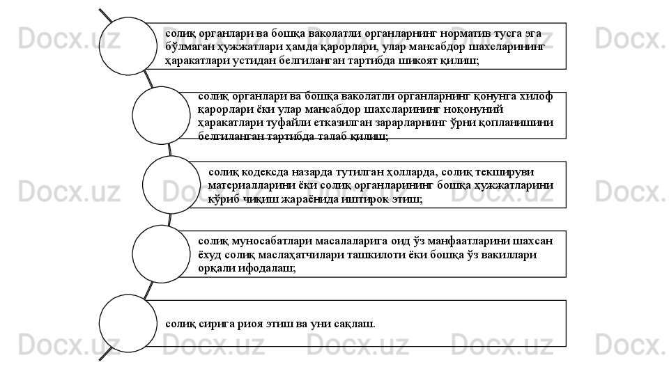 солиқ органлари ва бошқа ваколатли органларнинг норматив тусга эга 
бўлмаган ҳужжатлари ҳамда қарорлари, улар мансабдор шахсларининг 
ҳаракатлари устидан белгиланган тартибда шикоят қилиш;
солиқ органлари ва бошқа ваколатли органларнинг қонунга хилоф 
қарорлари ёки улар мансабдор шахсларининг ноқонуний 
ҳаракатлари туфайли етказилган зарарларнинг ўрни қопланишини 
белгиланган тартибда талаб қилиш;
солиқ кодексда назарда тутилган ҳолларда, солиқ текшируви 
материалларини ёки солиқ органларининг бошқа ҳужжатларини 
кўриб чиқиш жараёнида иштирок этиш;
солиқ муносабатлари масалаларига оид ўз манфаатларини шахсан 
ёхуд солиқ маслаҳатчилари ташкилоти ёки бошқа ўз вакиллари 
орқали ифодалаш;
солиқ сирига риоя этиш ва уни сақлаш. 