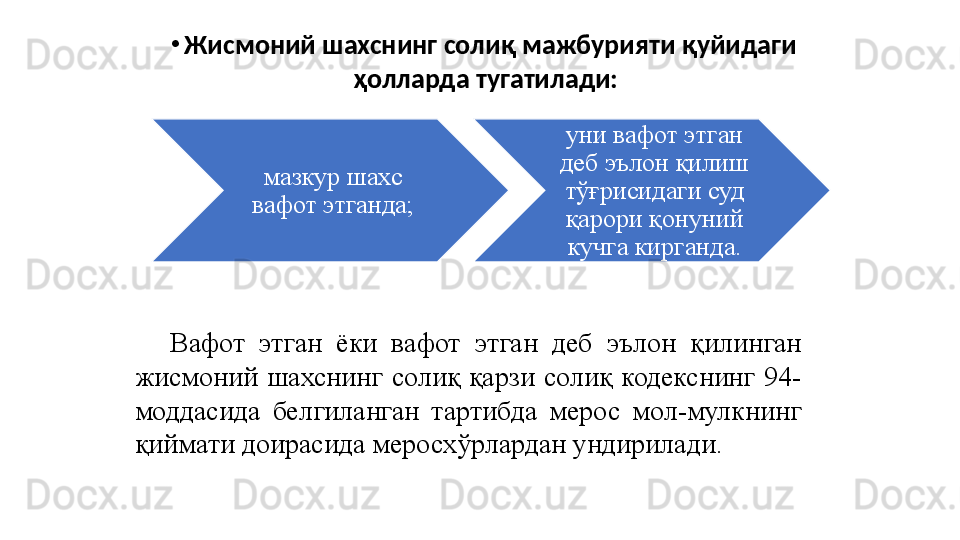 •
Жисмоний шахснинг солиқ мажбурияти қуйидаги 
ҳолларда тугатилади:
мазкур шахс 
вафот этганда; уни вафот этган 
деб эълон қилиш 
тўғрисидаги суд 
қарори қонуний 
кучга кирганда.
Вафот  этган  ёки  вафот  этган  деб  эълон  қилинган 
жисмоний  шахснинг  солиқ  қарзи  солиқ  кодекснинг  94-
моддасида  белгиланган  тартибда  мерос  мол-мулкнинг 
қиймати доирасида меросхўрлардан ундирилади. 