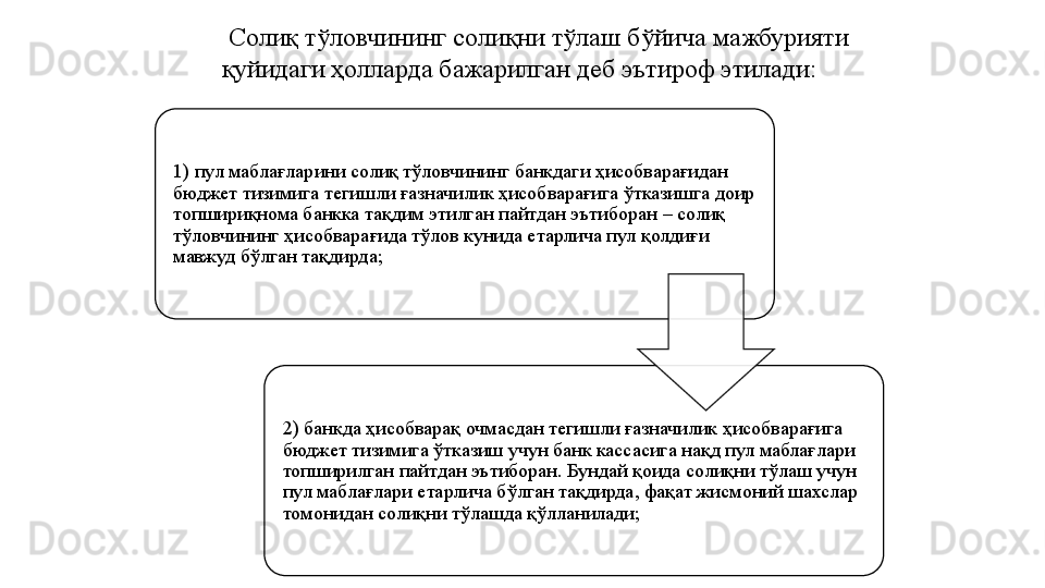 Солиқ тўловчининг солиқни тўлаш бўйича мажбурияти 
қуйидаги ҳолларда бажарилган деб эътироф этилади:
1) пул маблағларини солиқ тўловчининг банкдаги ҳисобварағидан 
бюджет тизимига тегишли ғазначилик ҳисобварағига ўтказишга доир 
топшириқнома банкка тақдим этилган пайтдан эътиборан	
 – солиқ 
тўловчининг ҳисобварағида тўлов кунида етарлича пул қолдиғи 
мавжуд бўлган тақдирда;
2)	
 банкда ҳисобварақ очмасдан тегишли ғазначилик ҳисобварағига 
бюджет тизимига ўтказиш учун банк кассасига нақд пул маблағлари 
топширилган пайтдан эътиборан. Бундай қоида солиқни тўлаш учун 
пул маблағлари етарлича бўлган тақдирда, фақат жисмоний шахслар 
томонидан солиқни тўлашда қўлланилади;   