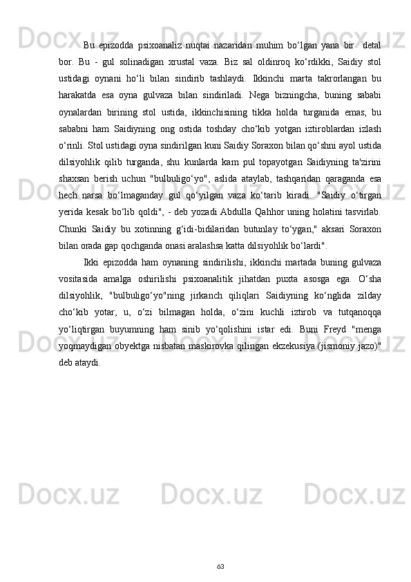 Bu   epizodda   psixoanaliz   nuqtai   nazaridan   muhim   bo‘lgan   yana   bir     detal
bor.   Bu   -   gul   solinadigan   xrustal   vaza.   Biz   sal   oldinroq   ko‘rdikki,   Saidiy   stol
ustidagi   oynani   ho‘li   bilan   sindirib   tashlaydi.   Ikkinchi   marta   takrorlangan   bu
harakatda   esa   oyna   gulvaza   bilan   sindiriladi.   Nega   bizningcha,   buning   sababi
oynalardan   birining   stol   ustida,   ikkinchisining   tikka   holda   turganida   emas;   bu
sababni   ham   Saidiyning   ong   ostida   toshday   cho‘kib   yotgan   iztiroblardan   izlash
o‘rinli. Stol ustidagi oyna sindirilgan kuni Saidiy Soraxon bilan qo‘shni ayol ustida
dilsiyohlik   qilib   turganda,   shu   kunlarda   kam   pul   topayotgan   Saidiyning   ta'zirini
shaxsan   berish   uchun   "bulbuligo‘yo",   aslida   ataylab,   tashqaridan   qaraganda   esa
hech   narsa   bo‘lmaganday   gul   qo‘yilgan   vaza   ko‘tarib   kiradi.   "Saidiy   o‘tirgan
yerida kesak bo‘lib qoldi", - deb yozadi Abdulla Qahhor uning holatini tasvirlab.
Chunki   Saidiy   bu   xotinning   g‘idi-bidilaridan   butunlay   to‘ygan,"   aksari   Soraxon
bilan orada gap qochganda onasi aralashsa katta dilsiyohlik bo‘lardi". 
Ikki   epizodda   ham   oynaning   sindirilishi,   ikkinchi   martada   buning   gulvaza
vositasida   amalga   oshirilishi   psixoanalitik   jihatdan   puxta   asosga   ega.   O‘sha
dilsiyohlik,   "bulbuligo‘yo"ning   jirkanch   qiliqlari   Saidiyning   ko‘nglida   zilday
cho‘kib   yotar,   u,   o‘zi   bilmagan   holda,   o‘zini   kuchli   iztirob   va   tutqanoqqa
yo‘liqtirgan   buyumning   ham   sinib   yo‘qolishini   istar   edi.   Buni   Freyd   "menga
yoqmaydigan obyektga nisbatan maskirovka qilingan ekzekusiya (jismoniy jazo)"
deb ataydi. 
63 