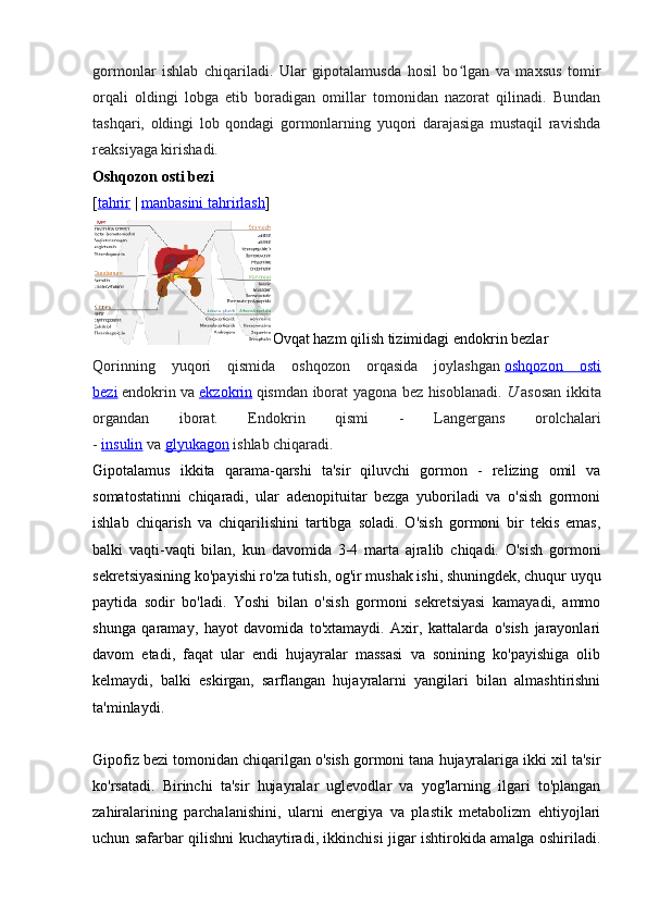 gormonlar   ishlab   chiqariladi.   Ular   gipotalamusda   hosil   bo lgan   va   maxsus   tomirʻ
orqali   oldingi   lobga   etib   boradigan   omillar   tomonidan   nazorat   qilinadi.   Bundan
tashqari,   oldingi   lob   qondagi   gormonlarning   yuqori   darajasiga   mustaqil   ravishda
reaksiyaga kirishadi.
Oshqozon osti bezi
[ tahrir   |   manbasini tahrirlash ]
Ovqat hazm qilish tizimidagi endokrin bezlar
Qorinning   yuqori   qismida   oshqozon   orqasida   joylashgan   oshqozon   osti
bezi   endokrin va   ekzokrin   qismdan iborat yagona bez hisoblanadi.   U   asosan ikkita
organdan   iborat.   Endokrin   qismi   -   Langergans   orolchalari
-   insulin   va   glyukagon   ishlab chiqaradi.
Gipotalamus   ikkita   qarama-qarshi   ta'sir   qiluvchi   gormon   -   relizing   omil   va
somatostatinni   chiqaradi,   ular   adenopituitar   bezga   yuboriladi   va   o'sish   gormoni
ishlab   chiqarish   va   chiqarilishini   tartibga   soladi.   O'sish   gormoni   bir   tekis   emas,
balki   vaqti-vaqti   bilan,   kun   davomida   3-4   marta   ajralib   chiqadi.   O'sish   gormoni
sekretsiyasining ko'payishi ro'za tutish, og'ir mushak ishi, shuningdek, chuqur uyqu
paytida   sodir   bo'ladi.   Yoshi   bilan   o'sish   gormoni   sekretsiyasi   kamayadi,   ammo
shunga   qaramay,   hayot   davomida   to'xtamaydi.   Axir,   kattalarda   o'sish   jarayonlari
davom   etadi,   faqat   ular   endi   hujayralar   massasi   va   sonining   ko'payishiga   olib
kelmaydi,   balki   eskirgan,   sarflangan   hujayralarni   yangilari   bilan   almashtirishni
ta'minlaydi.
Gipofiz bezi tomonidan chiqarilgan o'sish gormoni tana hujayralariga ikki xil ta'sir
ko'rsatadi.   Birinchi   ta'sir   hujayralar   uglevodlar   va   yog'larning   ilgari   to'plangan
zahiralarining   parchalanishini,   ularni   energiya   va   plastik   metabolizm   ehtiyojlari
uchun safarbar qilishni kuchaytiradi, ikkinchisi jigar ishtirokida amalga oshiriladi. 