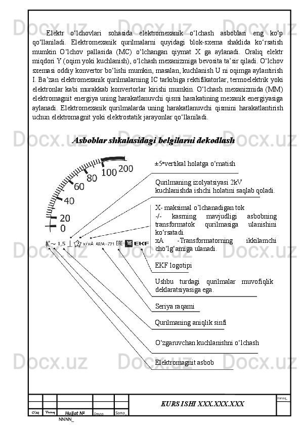 O‘zq    Varaq
Hujjat №
NNNN_ Imzo _ Sana _ Varaq _
KURS ISHI XXX.XXX.XXX
 Elektr   o‘lchovlari   sohasida   elektromexanik   o‘lchash   asboblari   eng   ko‘p
qo‘llaniladi.   Elektromexanik   qurilmalarni   quyidagi   blok-sxema   shaklida   ko‘rsatish
mumkin   O‘lchov   pallasida   (MC)   o‘lchangan   qiymat   X   ga   aylanadi.   Oraliq   elektr
miqdori Y (oqim yoki kuchlanish), o‘lchash mexanizmiga bevosita ta’sir qiladi. O‘lchov
sxemasi oddiy konvertor bo‘lishi mumkin, masalan, kuchlanish U ni oqimga aylantirish
I. Ba’zan elektromexanik qurilmalarning IC tarkibiga rektifikatorlar, termoelektrik yoki
elektronlar  kabi  murakkab  konvertorlar  kirishi   mumkin.  O‘lchash  mexanizmida  (MM)
elektromagnit energiya uning harakatlanuvchi qismi harakatining mexanik energiyasiga
aylanadi.   Elektromexanik   qurilmalarda   uning   harakatlanuvchi   qismini   harakatlantirish
uchun elektromagnit yoki elektrostatik jarayonlar qo‘llaniladi.
Asboblar shkalasidagi belgilarni dekodlash
±5 o
vertikal holatga o‘rnatish 
Qurilmaning izolyatsiyasi 2kV 
kuchlanishda ishchi holatini saqlab qoladi.
X- maksimal o’lchanadigan tok
-/-  kasrning  mavjudligi  asbobning 
transformatok  qurilmasiga  ulanishini 
ko‘rsatadi.
xA  -Transformatorning  ikkilamchi 
cho‘lg‘amiga ulanadi.
EKF logotipi
Ushbu  turdagi  qurilmalar  muvofiqlik 
deklaratsiyasiga ega.
Seriya raqami
Qurilmaning aniqlik sinfi 
O‘zgaruvchan kuchlanishni o‘lchash
Elektromagnit asbob 