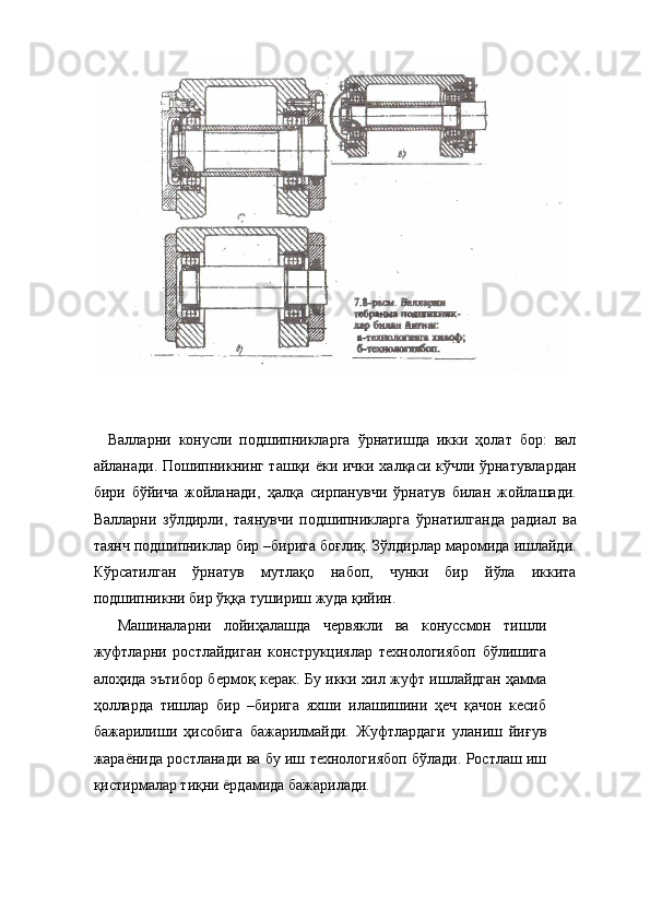  
 
    Валларни   конусли   подшипникларга   ўрнатишда   икки   ҳолат   бор:   вал
айланади. Пошипникнинг ташқи ёки ички халқаси кўчли ўрнатувлардан
бири   бўйича   жойланади,   ҳалқа   сирпанувчи   ўрнатув   билан   жойлашади.
Валларни   зўлдирли,   таянувчи   подшипникларга   ўрнатилганда   радиал   ва
таянч подшипниклар бир –бирига боғлиқ. Зўлдирлар маромида ишлайди.
Кўрсатилган   ўрнатув   мутлақо   набоп,   чунки   бир   йўла   иккита
подшипникни бир ўққа тушириш жуда қийин. 
    Машиналарни   лойиҳалашда   червякли   ва   конуссмон   тишли
жуфтларни   ростлайдиган   конструкциялар   технологиябоп   бўлишига
алоҳида эътибор бермоқ керак. Бу икки хил жуфт ишлайдган ҳамма
ҳолларда   тишлар   бир   –бирига   яхши   илашишини   ҳеч   қачон   кесиб
бажарилиши   ҳисобига   бажарилмайди.   Жуфтлардаги   уланиш   йиғув
жараёнида ростланади ва бу иш технологиябоп бўлади. Ростлаш иш
қистирмалар тиқни ёрдамида бажарилади. 
 
  