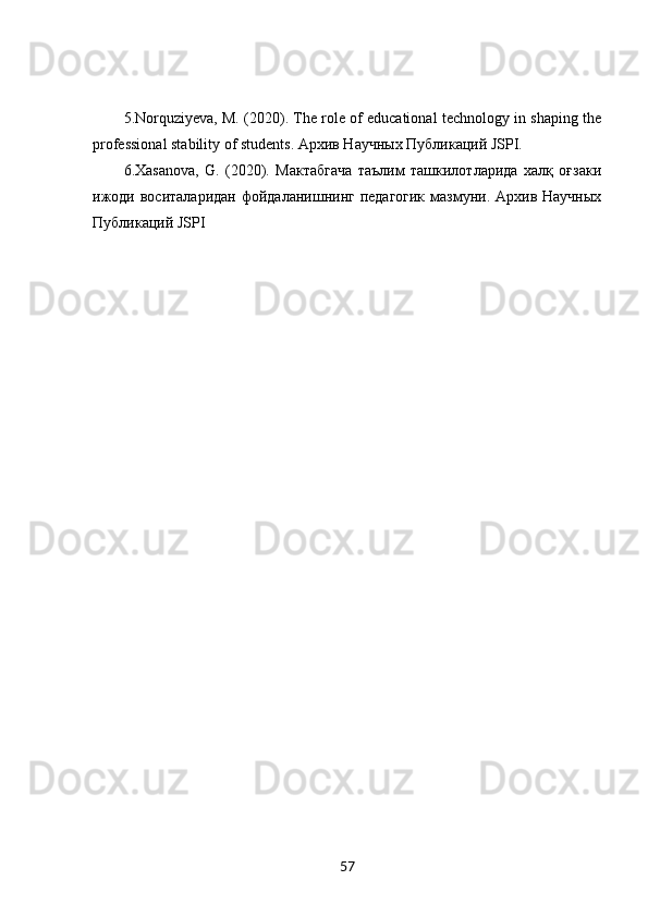 5.Norquziyeva, M. (2020). The role of educational technology in shaping the
professional stability of students.  Архив Научных Публикаций JSPI.
6.Xasanova,   G.   (2020).   Мактабгача   таълим   ташкилотларида   халқ   оғзаки
ижоди  воситаларидан фойдаланишнинг педагогик  мазмуни. Архив Научных
Публикаций JSPI
57 