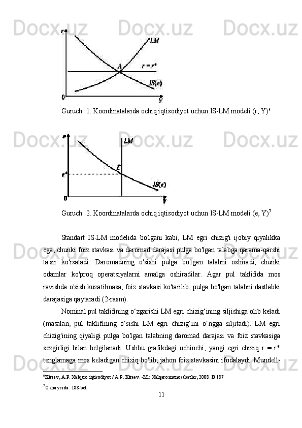 Guruch. 1. Koordinatalarda ochiq iqtisodiyot uchun IS-LM modeli (r, Y) 6
Guruch. 2. Koordinatalarda ochiq iqtisodiyot uchun IS-LM modeli (e, Y) 7
Standart   IS-LM   modelida   bo'lgani   kabi,   LM   egri   chizig'i   ijobiy   qiyalikka
ega, chunki foiz stavkasi va daromad darajasi pulga bo'lgan talabga qarama-qarshi
ta'sir   ko'rsatadi.   Daromadning   o'sishi   pulga   bo'lgan   talabni   oshiradi,   chunki
odamlar   ko'proq   operatsiyalarni   amalga   oshiradilar.   Agar   pul   taklifida   mos
ravishda o'sish kuzatilmasa, foiz stavkasi ko'tarilib, pulga bo'lgan talabni dastlabki
darajasiga qaytaradi (2-rasm).
Nominal pul taklifining o‘zgarishi LM egri chizig‘ining siljishiga olib keladi
(masalan,   pul   taklifining   o‘sishi   LM   egri   chizig‘ini   o‘ngga   siljitadi).   LM   egri
chizig'ining   qiyaligi   pulga   bo'lgan   talabning   daromad   darajasi   va   foiz   stavkasiga
sezgirligi   bilan   belgilanadi.   Ushbu   grafikdagi   uchinchi,   yangi   egri   chiziq   r   =   r*
tenglamaga mos keladigan chiziq bo'lib, jahon foiz stavkasini ifodalaydi. Mundell-
6
Kireev, A.P. Xalqaro iqtisodiyot / A.P. Kireev. -M.: Xalqaro munosabatlar, 2008. B.187
7
O'sha yerda. 188-bet
11