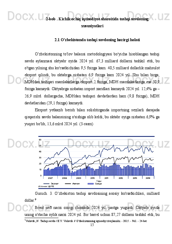 2-bob . Kichik ochiq iqtisodiyot sharoitida tashqi savdoning
xususiyatlari
2.1 O’zbekistonda tashqi savdoning hozirgi holati
O’zbekistonning   to'lov   balansi   metodologiyasi   bo'yicha   hisoblangan   tashqi
savdo   aylanmasi   oktyabr   oyida   2024   yil.   67,3   milliard   dollarni   tashkil   etdi,   bu
o'tgan yilning shu ko'rsatkichidan   9,5 foizga kam.  40,5 milliard dollarlik mahsulot
eksport   qilindi,   bu   oktabrga   nisbatan   6,9   foizga   kam   2024   yil.   Shu   bilan   birga,
MDHdan tashqari mamlakatlarga eksport 2 foizga, MDH mamlakatlariga esa 30,9
foizga kamaydi. Oktyabrga nisbatan import xaridlari kamaydi 2024 yil. 12,4% ga –
26,9   mlrd.   dollargacha,   MDHdan   tashqari   davlatlardan   ham   (9,8   foizga),   MDH
davlatlaridan (29,1 foizga) kamaydi.
Eksport   yetkazib   berish   bilan   solishtirganda   importning   sezilarli   darajada
qisqarishi savdo balansining o'sishiga olib keldi, bu oktabr oyiga nisbatan 6,9% ga
yuqori bo'lib, 13,6 mlrd 2024 yil. (3-rasm)
Guruch.   3.   O’zbekiston   tashqi   savdosining   asosiy   ko'rsatkichlari,   milliard
dollar. 9
Brent   neft   narxi   oxirgi   chorakda   2024   yil.   pastga   yugurdi.   Oktyabr   oyida
uning o'rtacha oylik narxi 2024 yil. Bir barrel uchun 87,27 dollarni tashkil etdi, bu
9
Volovik, N. Tashqi savdo / E.V. Volovik // O’zbekistonning iqtisodiy rivojlanishi. - 2015. - №1. - 24-bet
15