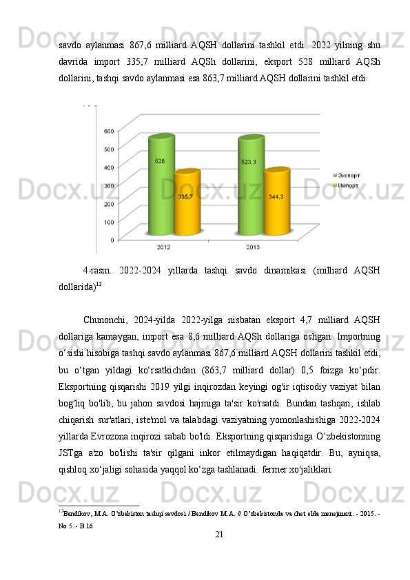 savdo   aylanmasi   867,6   milliard   AQSH   dollarini   tashkil   etdi.   2022   yilning   shu
davrida   import   335,7   milliard   AQSh   dollarini,   eksport   528   milliard   AQSh
dollarini, tashqi savdo aylanmasi esa 863,7 milliard AQSH dollarini tashkil etdi.
4-rasm.   2022-2024   yillarda   tashqi   savdo   dinamikasi   (milliard   AQSH
dollarida) 12
Chunonchi,   2024-yilda   2022-yilga   nisbatan   eksport   4,7   milliard   AQSH
dollariga   kamaygan,   import   esa   8,6   milliard   AQSh   dollariga   oshgan.   Importning
o‘sishi hisobiga tashqi savdo aylanmasi 867,6 milliard AQSH dollarini tashkil etdi,
bu   o‘tgan   yildagi   ko‘rsatkichdan   (863,7   milliard   dollar)   0,5   foizga   ko‘pdir.
Eksportning   qisqarishi   2019   yilgi   inqirozdan   keyingi   og'ir   iqtisodiy   vaziyat   bilan
bog'liq   bo'lib,   bu   jahon   savdosi   hajmiga   ta'sir   ko'rsatdi.   Bundan   tashqari,   ishlab
chiqarish   sur'atlari,  iste'mol   va   talabdagi   vaziyatning  yomonlashishiga   2022-2024
yillarda Evrozona inqirozi sabab bo'ldi. Eksportning qisqarishiga O’zbekistonning
JSTga   a'zo   bo'lishi   ta'sir   qilgani   inkor   etilmaydigan   haqiqatdir.   Bu,   ayniqsa,
qishloq xo‘jaligi sohasida yaqqol ko‘zga tashlanadi.   fermer xo'jaliklari.
12
Bendikov, M.A. O’zbekiston tashqi savdosi / Bendikov M.A. // O’zbekistonda va chet elda menejment. - 2015. -
No 5. - B.16
21