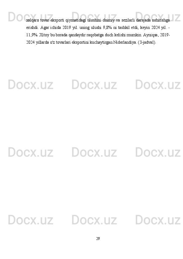 xalqaro tovar eksporti qiymatidagi ulushini doimiy va sezilarli darajada oshirishga
erishdi. Agar ichida 2019 yil. uning ulushi 9,8% ni  tashkil  etdi, keyin 2024 yil. -
11,9%. Xitoy bu borada qandaydir raqobatga duch kelishi mumkin. Ayniqsa, 2019-
2024 yillarda o'z tovarlari eksportini kuchaytirgan Niderlandiya. (3-jadval).
29