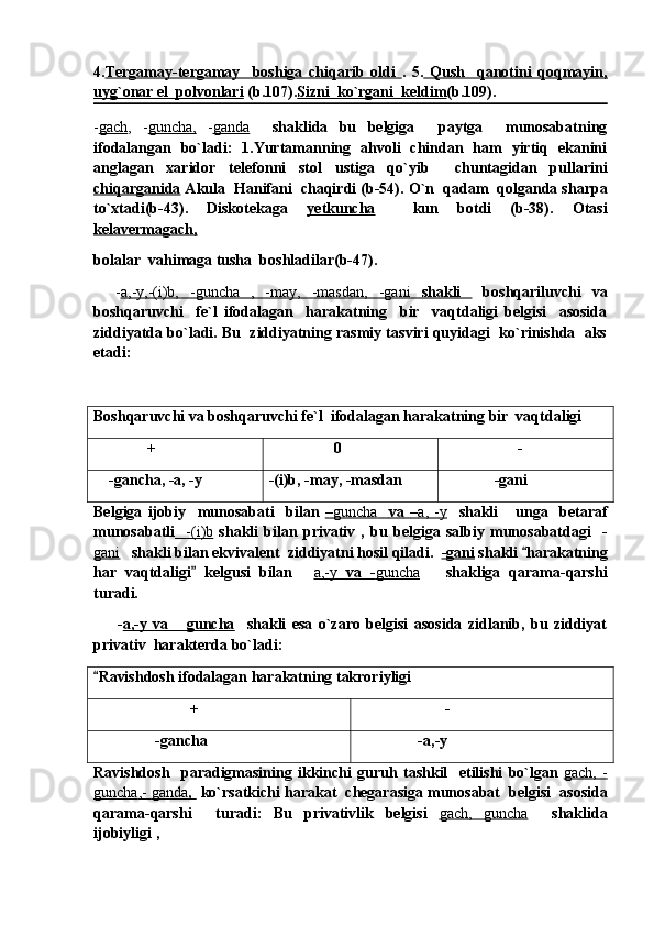 4. Tergamay-tergamay     boshiga   chiqarib   oldi   .   5.   Qush     qanotini   qoqmayin,
uyg`onar el  polvonlari  (b.107). Sizni  ko`rgani  keldim (b.109).
- gach ,   - guncha,   - ganda     shaklida   bu   belgiga   paytga     munosabatning
ifodalangan   bo`ladi:   1.Yurtamanning   ahvoli   chindan   ham   yirtiq   ekanini
anglagan   xaridor   telefonni   stol   ustiga   qo`yib     chuntagidan   pullarini
chiqarganida  Akula  Hanifani  chaqirdi (b-54).  O`n  qadam  qolganda sharpa
to`xtadi(b-43).   Diskotekaga   yetkuncha     kun   botdi   (b-38).   Otasi
kelavermagach,
bolalar  vahimaga tusha  boshladilar(b-47).
    - a,-y,-(i)b,   -guncha   ,   -may,   -masdan,   -gani      shakli        boshqariluvchi   va
boshqaruvchi     fe`l   ifodalagan     harakatning     bir     vaqtdaligi   belgisi     asosida
ziddiyatda bo`ladi. Bu  ziddiyatning rasmiy tasviri quyidagi  ko`rinishda  aks
etadi: 
Boshqaruvchi va boshqaruvchi fe`l  ifodalagan harakatning bir  vaqtdaligi
               +                   0                     -
     -gancha, -a, -y -(i)b, -may, -masdan               -gani
Belgiga   ijobiy     munosabati     bilan   –   guncha            va        –   a   ,   -    y       shakli       unga     betaraf
munosabatli        -(    i   )   b     shakli   bilan   privativ   ,   bu   belgiga   salbiy   munosabatdagi     -
gani      shakli   bilan   ekvivalent    ziddiyatni   hosil   qiladi .   -gani  shakli  harakatning	

har   vaqtdaligi   kelgusi   bilan  	
	 a,-y      va   -    guncha          shakliga   qarama-qarshi
turadi.
        - a,-y   va   guncha	
     shakli   esa   o`zaro   belgisi   asosida   zidlanib,   bu   ziddiyat
privativ  harakterda bo`ladi:
Ravishdosh ifodalagan harakatning takroriyligi	

                          +                         -
                 -gancha                  -a,-y
Ravishdosh     paradigmasining   ikkinchi   guruh   tashkil     etilishi   bo ` lgan  	
 gach    ,   -   
guncha    ,-     ganda    ,      ko ` rsatkichi   harakat     chegarasiga   munosabat     belgisi     asosida
qarama - qarshi     turadi :   Bu   privativlik   belgisi  	
 gach    ,      guncha        shaklida
ijobiyligi  ,  