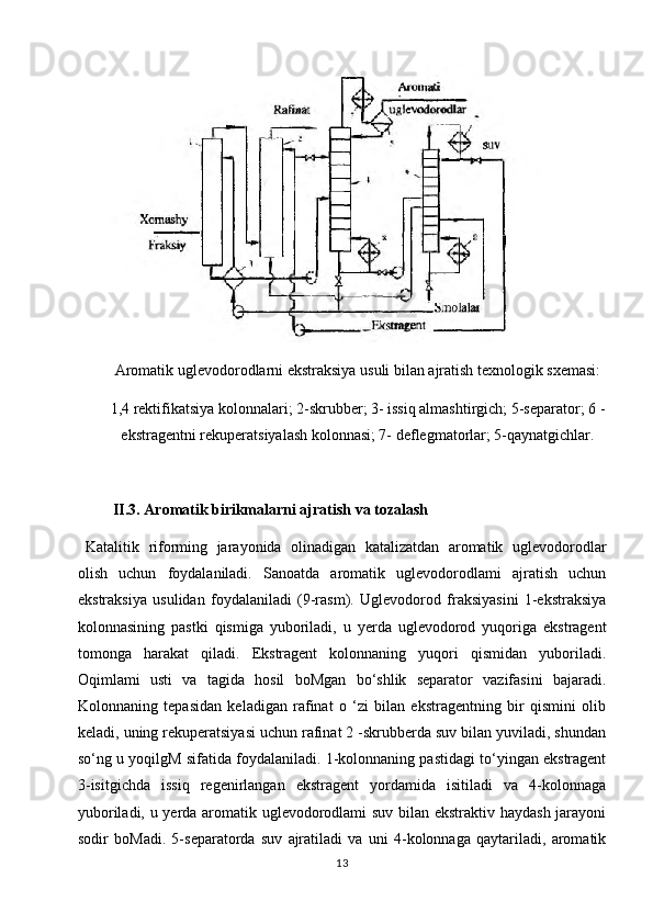 Aromatik uglevodorodlarni ekstraksiya usuli bilan ajratish texnologik sxemasi:
1,4 rektifikatsiya kolonnalari; 2-skrubber; 3- issiq almashtirgich; 5-separator; 6 -
ekstragentni rekuperatsiyalash kolonnasi; 7- deflegmatorlar; 5-qaynatgichlar.
 II.3. Aromatik birikmalarni ajratish va tozalash
Katalitik   riforming   jarayonida   olinadigan   katalizatdan   aromatik   uglevodorodlar
olish   uchun   foydalaniladi.   Sanoatda   aromatik   uglevodorodlami   ajratish   uchun
ekstraksiya   usulidan   foydalaniladi   (9-rasm).   Uglevodorod   fraksiyasini   1-ekstraksiya
kolonnasining   pastki   qismiga   yuboriladi,   u   yerda   uglevodorod   yuqoriga   ekstragent
tomonga   harakat   qiladi.   Ekstragent   kolonnaning   yuqori   qismidan   yuboriladi.
Oqimlami   usti   va   tagida   hosil   boMgan   bo‘shlik   separator   vazifasini   bajaradi.
Kolonnaning   tepasidan   keladigan   rafinat   o   ‘zi   bilan   ekstragentning   bir   qismini   olib
keladi, uning rekuperatsiyasi uchun rafinat 2 -skrubberda suv bilan yuviladi, shundan
so‘ng u yoqilgM sifatida foydalaniladi. 1-kolonnaning pastidagi to‘yingan ekstragent
3-isitgichda   issiq   regenirlangan   ekstragent   yordamida   isitiladi   va   4-kolonnaga
yuboriladi, u yerda aromatik uglevodorodlami suv bilan ekstraktiv haydash jarayoni
sodir   boMadi.   5-separatorda   suv   ajratiladi   va   uni   4-kolonnaga   qaytariladi,   aromatik
13 