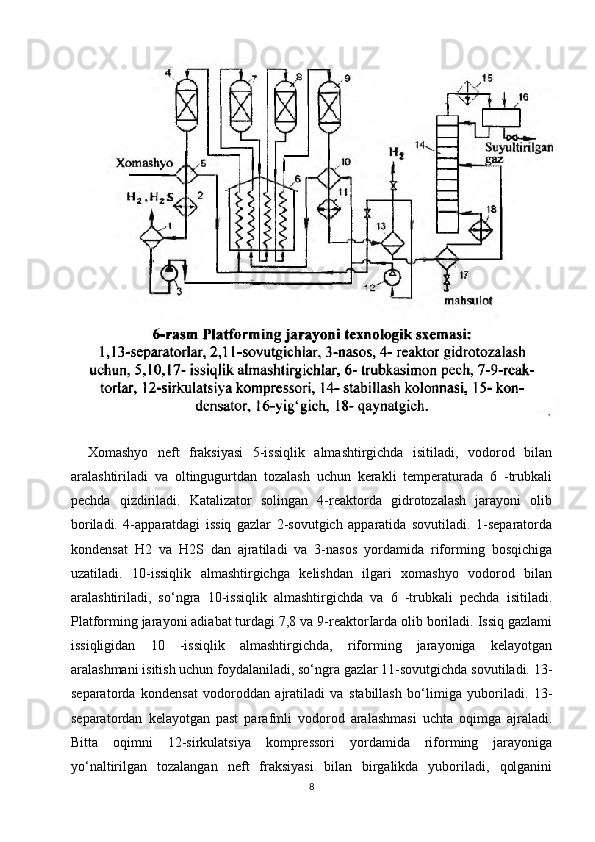   Xomashyo   neft   fraksiyasi   5-issiqlik   almashtirgichda   isitiladi,   vodorod   bilan
aralashtiriladi   va   oltingugurtdan   tozalash   uchun   kerakli   temperaturada   6   -trubkali
pechda   qizdiriladi.   Katalizator   solingan   4-reaktorda   gidrotozalash   jarayoni   olib
boriladi.   4-apparatdagi   issiq   gazlar   2-sovutgich   apparatida   sovutiladi.   1-separatorda
kondensat   H2   va   H2S   dan   ajratiladi   va   3-nasos   yordamida   riforming   bosqichiga
uzatiladi.   10-issiqlik   almashtirgichga   kelishdan   ilgari   xomashyo   vodorod   bilan
aralashtiriladi,   so‘ngra   10-issiqlik   almashtirgichda   va   6   -trubkali   pechda   isitiladi.
Platforming jarayoni adiabat turdagi 7,8 va 9-reaktorIarda olib boriladi. Issiq gazlami
issiqligidan   10   -issiqlik   almashtirgichda,   riforming   jarayoniga   kelayotgan
aralashmani isitish uchun foydalaniladi, so‘ngra gazlar 11-sovutgichda sovutiladi. 13-
separatorda   kondensat   vodoroddan   ajratiladi   va   stabillash   bo‘limiga   yuboriladi.   13-
separatordan   kelayotgan   past   parafmli   vodorod   aralashmasi   uchta   oqimga   ajraladi.
Bitta   oqimni   12-sirkulatsiya   kompressori   yordamida   riforming   jarayoniga
yo‘naltirilgan   tozalangan   neft   fraksiyasi   bilan   birgalikda   yuboriladi,   qolganini
8 