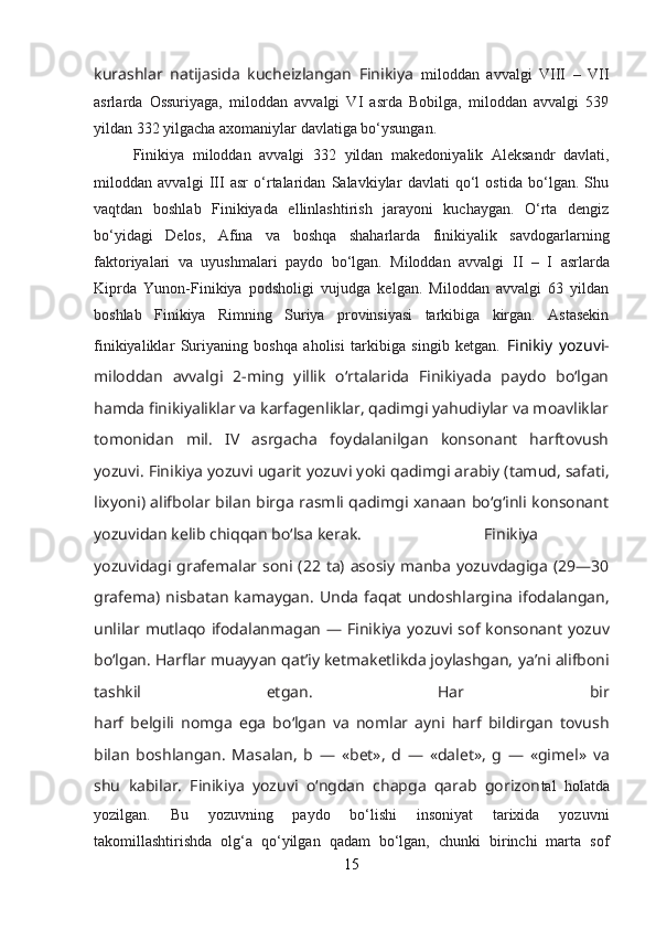 kurashlar   natijasida   kucheizlangan   Finikiya   miloddan   avvalgi   VIII   –   VII
asrlarda   Ossuriyaga,   miloddan   avvalgi   VI   asrda   Bobilga,   miloddan   avvalgi   539
yildan 332 yilgacha axomaniylar davlatiga bо‘ysungan. 
Finikiya   miloddan   avvalgi   332   yildan   makedoniyalik   Aleksandr   davlati,
miloddan   avvalgi   III   asr   о‘rtalaridan   Salavkiylar   davlati   qо‘l   ostida   bо‘lgan.   Shu
vaqtdan   boshlab   Finikiyada   ellinlashtirish   jarayoni   kuchaygan.   О‘rta   dengiz
bо‘yidagi   Delos,   Afina   va   boshqa   shaharlarda   finikiyalik   savdogarlarning
faktoriyalari   va   uyushmalari   paydo   bо‘lgan.   Miloddan   avvalgi   II   –   I   asrlarda
Kiprda   Yunon-Finikiya   podsholigi   vujudga   kelgan.   Miloddan   avvalgi   63   yildan
boshlab   Finikiya   Rimning   Suriya   provinsiyasi   tarkibiga   kirgan.   Astasekin
finikiyaliklar   Suriyaning   boshqa   aholisi   tarkibiga   singib   ketgan.   Finikiy   yozuvi -
miloddan   avvalgi   2-ming   yillik   о‘rtalarida   Finikiyada   paydo   bо‘lgan
hamda finikiyaliklar va karfagenliklar, qadimgi yahudiylar va moavliklar
tomonidan   mil.   IV   asrgacha   foydalanilgan   konsonant   harftovush
yozuvi. Finikiya yozuvi ugarit   yozuvi yoki qadimgi arabiy (tamud, safati,
lixyoni) alifbolar bilan birga rasmli qadimgi xanaan bо‘g‘inli konsonant
yozuvidan kelib   chiqqan bо‘lsa kerak.  Finikiya
yozuvidagi grafemalar soni (22 ta) asosiy manba yozuvdagiga  (29—30
grafema)  nisbatan   kamaygan.   Unda   faqat   undoshlargina   ifodalangan,
unlilar mutlaqo ifodalanmagan — F inikiya   yoz uvi   sof konsonant yozuv
b о ‘lgan. Harflar muayyan qat’iy ketmaketlikda joylashgan,   ya’ni alifboni
tashkil   etgan.   Har   bir
harf   belgili   nomga   ega   b о ‘lgan   va   nomlar   ayni   harf   bildirgan   tovush
b ila n   boshlangan.   Mas alan ,   b   —   «bet»,   d   —   «dalet»,   g   —   «gimel»   va
shu   k abilar.   Finikiya   yozuvi   о‘ngdan   chapga   qarab   gorizon tal   holatda
yozilgan.   Bu   yozuvning   paydo   bо‘lishi   insoniyat   tarixida   yozuvni
takomillashtirishda   olg‘a   qо‘yilgan   qadam   bо‘lgan,   chunki   birinchi   marta   sof
15 