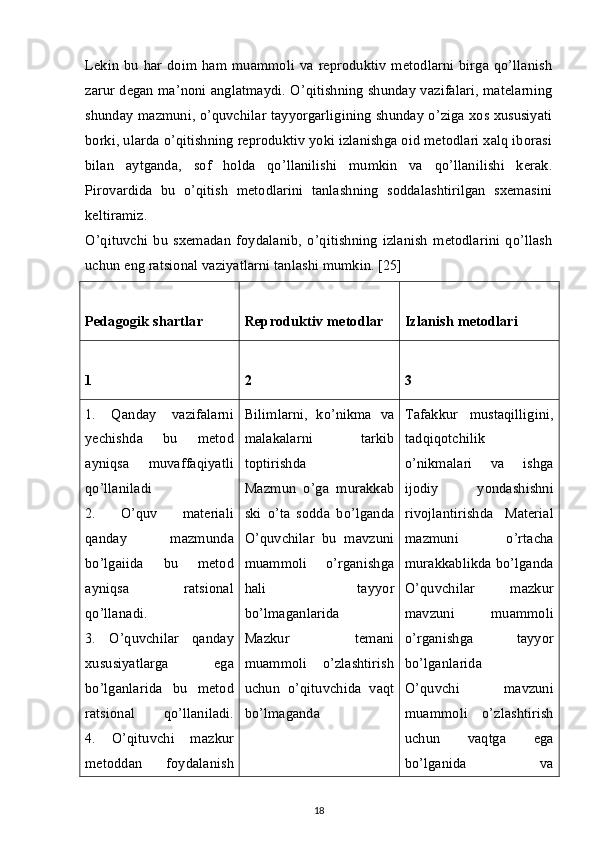 Lekin   bu  har   doim  ham  muammoli   va  reproduktiv   metodlarni   birga  qo’llanish
zarur degan ma’noni anglatmaydi. O’qitishning shunday vazifalari, matelarning
shunday mazmuni, o’quvchilar tayyorgarligining shunday o’ziga xos xususiyati
borki, ularda o’qitishning reproduktiv yoki izlanishga oid metodlari xalq iborasi
bilan   aytganda,   sof   holda   qo’llanilishi   mumkin   va   qo’llanilishi   kerak.
Pirovardida   bu   o’qitish   metodlarini   tanlashning   soddalashtirilgan   sxemasini
keltiramiz.
O’qituvchi   bu   sxemadan   foydalanib,   o’qitishning   izlanish   metodlarini   qo’llash
uchun eng ratsional vaziyatlarni tanlashi mumkin. [25]
Pedagogik shartlar Reproduktiv metodlar Izlanish metodlari
1 2 3
1.   Qanday   vazifalarni
yechishda   bu   metod
ayniqsa   muvaffaqiyatli
qo’llaniladi
2.   O’quv   materiali
qanday   mazmunda
bo’lgaiida   bu   metod
ayniqsa   ratsional
qo’llanadi.
3.   O’quvchilar   qanday
xususiyatlarga   ega
bo’lganlarida   bu   metod
ratsional   qo’llaniladi.
4.   O’qituvchi   mazkur
metoddan   foydalanish Bilimlarni,   ko’nikma   va
malakalarni   tarkib
toptirishda
Mazmun   o’ga   murakkab
ski   o’ta   sodda   bo’lganda
O’quvchilar   bu   mavzuni
muammoli   o’rganishga
hali   tayyor
bo’lmaganlarida
Mazkur   temani
muammoli   o’zlashtirish
uchun   o’qituvchida   vaqt
bo’lmaganda Tafakkur   mustaqilligini,
tadqiqotchilik
o’nikmalari   va   ishga
ijodiy   yondashishni
rivojlantirishda   Material
mazmuni   o’rtacha
murakkablikda bo’lganda
O’quvchilar   mazkur
mavzuni   muammoli
o’rganishga   tayyor
bo’lganlarida
O’quvchi   mavzuni
muammoli   o’zlashtirish
uchun   vaqtga   ega
bo’lganida   va
18 