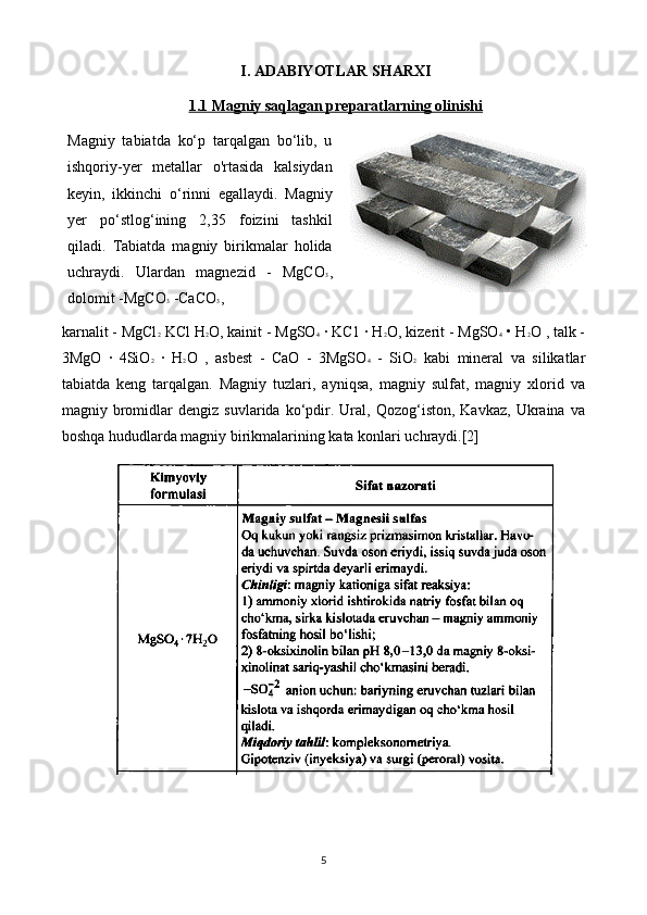 I. ADABIYOTLAR SHARXI
1.1 Magniy saqlagan preparatlarning olinishi
Magniy   tabiatda   ko‘p   tarqalgan   bo‘lib,   u
ishqoriy-yer   metallar   o'rtasida   kalsiydan
keyin,   ikkinchi   o‘rinni   egallaydi.   Magniy
yer   po‘stlog‘ining   2,35   foizini   tashkil
qiladi.   Tabiatda   magniy   birikmalar   holida
uchraydi.   Ulardan   magnezid   -   MgCO 3 ,
dolomit -MgCO 3  -CaCO 3 , 
karnalit - MgCl 2    KCl H 2 O, kainit - MgSO 4  ∙ KC1 ∙ H 2 O, kizerit - MgSO 4  • H 2 O , talk -
3MgO   ∙   4SiO 2   ∙   H 2 O   ,   asbest   -   CaO   -   3MgSO 4   -   SiO 2   kabi   mineral   va   silikatlar
tabiatda   keng   tarqalgan.   Magniy   tuzlari,   ayniqsa,   magniy   sulfat,   magniy   xlorid   va
magniy  bromidlar   dengiz   suvlarida  ko‘pdir.   Ural,  Qozog‘iston,   Kavkaz,   Ukraina  va
boshqa hududlarda magniy birikmalarining kata konlari uchraydi.[2]
5 