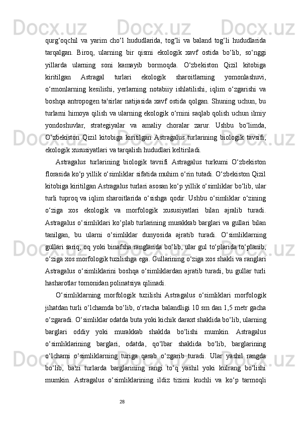 28qurg‘oqchil   va   yarim   cho‘l   hududlarida,   tog‘li   va   baland   tog‘li   hududlarida
tarqalgan.   Biroq,   ularning   bir   qismi   ekologik   xavf   ostida   bo‘lib,   so‘nggi
yillarda   ularning   soni   kamayib   bormoqda.   O‘zbekiston   Qizil   kitobiga
kiritilgan   Astragal   turlari   ekologik   sharoitlarning   yomonlashuvi,
o‘rmonlarning   kesilishi,   yerlarning   notabiiy   ishlatilishi,   iqlim   o‘zgarishi   va
boshqa antropogen ta'sirlar  natijasida xavf ostida qolgan. Shuning uchun, bu
turlarni himoya qilish va ularning ekologik o‘rnini saqlab qolish uchun ilmiy
yondoshuvlar,   strategiyalar   va   amaliy   choralar   zarur.   Ushbu   bo‘limda,
O‘zbekiston   Qizil   kitobiga   kiritilgan   Astragalus   turlarining   biologik   tavsifi,
ekologik xususiyatlari va tarqalish hududlari keltiriladi.
Astragalus   turlarining   biologik   tavsifi   Astragalus   turkumi   O‘zbekiston
florasida ko‘p yillik o‘simliklar sifatida muhim o‘rin tutadi. O‘zbekiston Qizil
kitobiga kiritilgan Astragalus turlari asosan ko‘p yillik o‘simliklar bo‘lib, ular
turli tuproq va iqlim sharoitlarida o‘sishga qodir. Ushbu o‘simliklar o‘zining
o‘ziga   xos   ekologik   va   morfologik   xususiyatlari   bilan   ajralib   turadi.
Astragalus o‘simliklari ko‘plab turlarining murakkab barglari va gullari bilan
tanilgan,   bu   ularni   o‘simliklar   dunyosida   ajratib   turadi.   O‘simliklarning
gullari sariq, oq yoki binafsha ranglarida bo‘lib, ular gul to‘plarida to‘planib,
o‘ziga xos morfologik tuzilishga ega. Gullarining o‘ziga xos shakli va ranglari
Astragalus   o‘simliklarini   boshqa   o‘simliklardan   ajratib  turadi,  bu   gullar   turli
hasharotlar tomonidan polinatsiya qilinadi.
O‘simliklarning   morfologik   tuzilishi   Astragalus   o‘simliklari   morfologik
jihatdan turli o‘lchamda bo‘lib, o‘rtacha balandligi 10 sm dan 1,5 metr gacha
o‘zgaradi. O‘simliklar odatda buta yoki kichik daraxt shaklida bo‘lib, ularning
barglari   oddiy   yoki   murakkab   shaklda   bo‘lishi   mumkin.   Astragalus
o‘simliklarining   barglari,   odatda,   qo‘lbar   shaklida   bo‘lib,   barglarining
o‘lchami   o‘simliklarning   turiga   qarab   o‘zgarib   turadi.   Ular   yashil   rangda
bo‘lib,   ba'zi   turlarda   barglarining   rangi   to‘q   yashil   yoki   kulrang   bo‘lishi
mumkin.   Astragalus   o‘simliklarining   ildiz   tizimi   kuchli   va   ko‘p   tarmoqli 