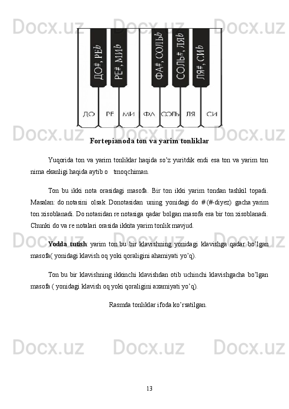 Fortepianoda ton va yarim tonliklar
Yuqorida ton va yarim tonliklar haqida so’z yuritdik endi  esa ton va yarim ton
nima ekanligi haqida aytib o tmoqchiman. 
Ton   bu   ikki   nota   orasidagi   masofa.   Bir   ton   ikki   yarim   tondan   tashkil   topadi.
Masalan:   do   notasini   olsak.   Donotasidan   uning   yoni dagi   do   #   (#-diyez)   gacha   yarim
ton   xisoblanadi.   Do   notasidan   re   notasiga qadar bolgan masofa esa	
   bir ton   xisoblanadi.
Chunki   do   va   re   notalari orasida ikkita   yarim tonlik   mavjud.
Yodda   tutish :   yarim   ton   bu   bir   klavishning   yonidagi   klavishga   qadar   bo ’ lgan
masofa (  yonidagi   klavish   oq   yoki   qoraligini   ahamiyati   yo ’ q ).
Ton   bu   bir   klavishning   ikkinchi   klavishdan   otib   uchinchi   klavishgacha   bo’lgan
masofa ( yonidagi klavish oq yoki qoraligini axamiyati yo’q).
Rasmda tonliklar ifoda ko’rsatilgan.
13 
