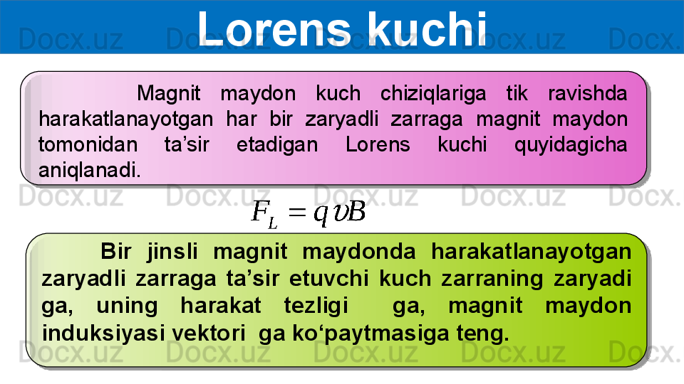 Lorens kuchi
          Magnit  maydon  kuch  chiziqlariga  tik  ravishda 
harakatlanayotgan  har  bir  zaryadli  zarraga  magnit  maydon 
tomonidan  ta’sir  etadigan  Lorens  kuchi  quyidagicha 
aniqlanadi.
        Bir  jinsli  magnit  maydonda  harakatlanayotgan 
zaryadli  zarraga  ta’sir  etuvchi  kuch  zarraning  zaryadi 
ga,  uning  harakat  tezligi    ga,  magnit  maydon 
induksiyasi vektori  ga ko‘paytmasiga teng.   