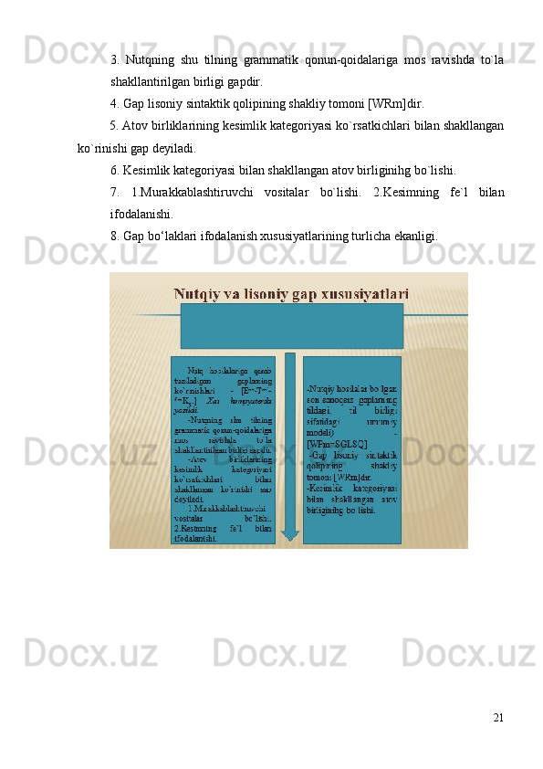 3.   Nutqning   shu   tilning   grаmmаtik   qоnun-qоidаlаrigа   mоs   rаvishdа   to`lа
shаkllаntirilgаn birligi gаpdir.
4. Gаp lisоniy sintаktik qоlipining shаkliy tоmоni [WRm]dir.
  5.  Аtоv birliklаrining kesimlik kаtegоriyasi ko`rsаtkichlаri bilаn shаkllаngаn
ko`rinishi gаp deyilаdi.
6.  Kesimlik kategoriyasi bilan shakllangan atov birliginihg bo`lishi.
7.   1. Murakkablashtiruvchi   vositalar   bo`lishi .   2.Kesimning   fe`l   bilan
ifodalanishi.
8.  Gap bo‘laklari ifodalanish xususiyatlarining turlicha ekanligi.
                                              
                                                
21 