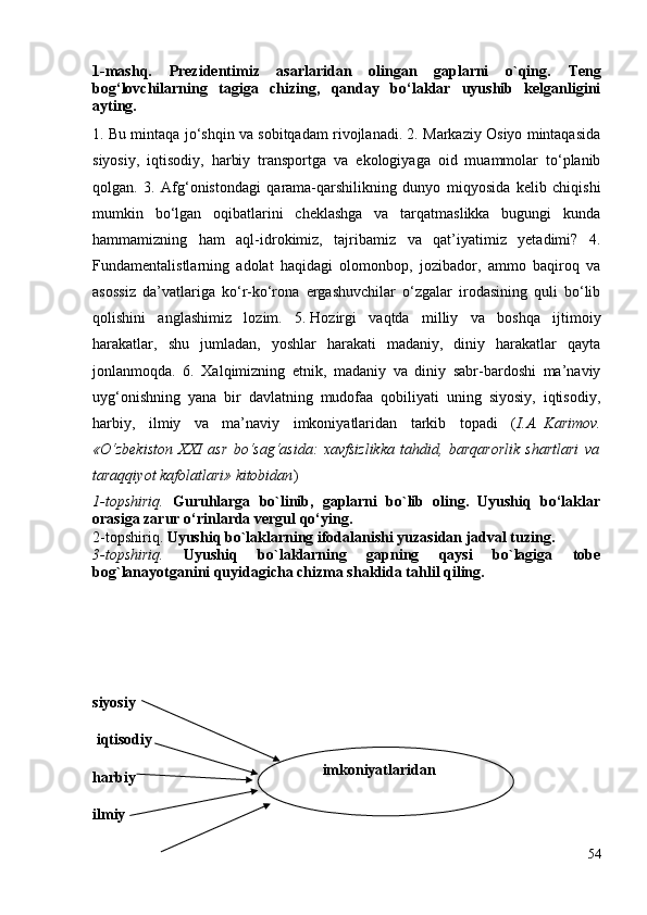 1-mashq.   Prezidentimiz   asarlaridan   olingan   gaplarni   o`qing.   Т eng
bog‘lovchilarning   tagiga   chizing,   qanday   bo‘laklar   uyushib   kelganligini
ayting.
1. Bu mintaqa jo‘shqin va sobitqadam rivojlanadi. 2. Markaziy Osiyo mintaqasida
siyosiy,   iqtisodiy,   harbiy   transportga   va   ekologiyaga   oid   muammolar   to‘planib
qolgan.   3.   Afg‘onistondagi   qarama-qarshilikning   dunyo   miqyosida   kelib   chiqishi
mumkin   bo‘lgan   oqibatlarini   cheklashga   va   tarqatmaslikka   bugungi   kunda
hammamizning   ham   aql-idrokimiz,   tajribamiz   va   qat’iyatimiz   yetadimi?   4.
Fundamentalistlarning   adolat   haqidagi   olomonbop,   jozibador,   ammo   baqiroq   va
asossiz   da’vatlariga   ko‘r-ko‘rona   ergashuvchilar   o‘zgalar   irodasining   quli   bo‘lib
qolishini   anglashimiz   lozim.   5.   Hozirgi   vaqtda   milliy   va   boshqa   ijtimoiy
harakatlar,   shu   jumladan,   yoshlar   harakati   madaniy,   diniy   harakatlar   qayta
jonlanmoqda.   6.   Xalqimizning   etnik,   madaniy   va   diniy   sabr-bardoshi   ma’naviy
uyg‘onishning   yana   bir   davlatning   mudofaa   qobiliyati   uning   siyosiy,   iqtisodiy,
harbiy,   ilmiy   va   ma’naviy   imkoniyatlaridan   tarkib   topadi   ( I.A.   Karimov.
«O‘zbekiston   XXI   asr   bo‘sag‘asida:   xavfsizlikka   tahdid,   barqarorlik   shartlari   va
taraqqiyot kafolatlari» kitobidan )
1-topshiriq.   Guruhlarga   bo`linib,   gaplarni   bo`lib   oling.   Uyushiq   bo‘laklar
orasiga zarur o‘rinlarda vergul qo‘ying.
2-topshiriq.  Uyushiq bo`laklarning ifodalanishi yuzasidan jadval tuzing.
3-topshiriq.   Uyushiq   bo`laklarning   gapning   qaysi   bo`lagiga   tobe
bog`lanayotganini quyidagicha chizma shaklida tahlil qiling.
siyosiy
 iqtisodiy
harbiy                                   
ilmiy 
54     imkoniyatlaridan 