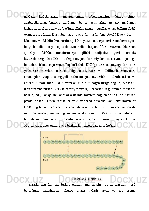 11nuklein   kislotalarning   mavjudligining   isbotlanganligi   dunyo   ilmiy
adabiyotlaridagi   birinchi   ma’lumot   bo’ldi.   Asta-sekin,   genetik   ma’lumot
tashuvchisi,   ilgari mavjud b o’lgan fikrlar singari, oqsillar emas, balkim DNK
ekanligi isbotlandi. Dastlabki hal qiluvchi dalillardan biri Osvald Every, Kolin
Maklaud   va   Maklin   Makkartining   1944   yilda   bakteriyalarni   transformasiyasi
bo’yicha   olib   borgan   tajribalaridan   kelib   chiqqan.   Ular   pnevmokokklardan
ajratilgan   DNKni   transformatiya   qilishi   natijasida,   yani   zararsiz
kulturalarning   kasallik     qo’zg’atadigan   bakteriyalar   xususiyatlariga   ega
bo’lishini   isbotlashga   muvaffaq   bo’lishdi.   DNKga   turli   xil   mutagenlar   zarar
yetkazishi   mumkin,   ular   tarkibiga   oksidlovchi   va   alkillovchi   moddalar,
shuningdek   yuqori   energiyali   elektromagnit   nurlanish   –   ultrabinafsha   va
rentgen nurlari kiradi. DNK zararlanish turi  mutagen turiga bog’liq. Masalan,
ultrabinafsha nurlari DNKga zarar yetkazadi, ular tarkibidagi timin dimerlarini
hosil qiladi, ular qo’shni asoslar o’rtasida kovalent bog’lanish hosil bo’lishidan
paydo   bo’ladi.   Erkin   radikallar   yoki   vodorod   peroksid   kabi   oksidlovchilar
DNKning bir necha turdagi zararlanishiga olib keladi, shu jumladan asoslarda
modifikatsiyalar,   xususan,   guanozin   va   ikki   zanjirli   DNK   sinishiga   sababchi
bo’lishi  mumkin. Ba’zi  hisob-kitoblarga ko’ra,  har  bir  inson  hujayrasi   kuniga
500   ga   yaqin   asos   oksidlovchi   birikmalar   tomonidan   zarar   ko’radi.
Zararlarning   har   xil   turlari   orasida   eng   xavflisi   qo’sh   zanjirda   hosil
bo’ladigan   uzilishlardir,   chunki   ularni   tiklash   qiyin   va   xromosoma 