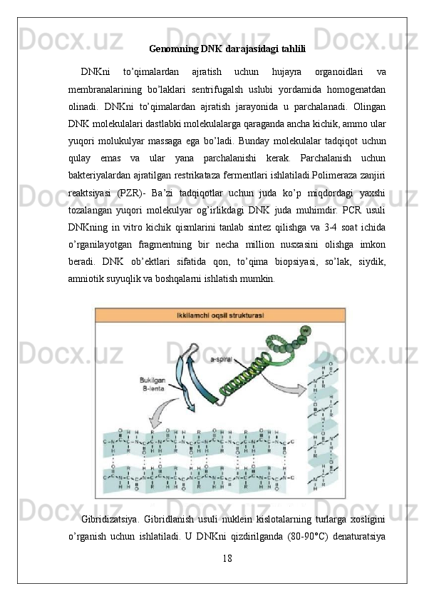 18Genomning   DNK   darajasidagi   tahlili
DNKni   to’qimalardan   ajratish   uchun   hujayra   organoidlari   va
membranalarining   bo’laklari   sentrifugalsh   uslubi   yordamida   homogenatdan
olinadi.   DNKni   to’qimalardan   ajratish   jarayonida   u   parchalanadi.   Olingan
DNK molekulalari dastlabki molekulalarga qaraganda ancha kichik, ammo ular
yuqori   molukulyar   massaga   ega   bo’ladi.   Bunday   molekulalar   tadqiqot   uchun
qulay   emas   va   ular   yana   parchalanishi   kerak.   Parchalanish   uchun
bakteriyalardan ajratilgan restrikataza fermentlari ishlatiladi.Polimeraza zanjiri
reaktsiyasi   (PZR)-   Ba’zi   tadqiqotlar   uchun   juda   ko’p   miqdordagi   yaxshi
tozalangan   yuqori   molekulyar   og’irlikdagi   DNK   juda   muhimdir.   PCR   usuli
DNKning   in   vitro   kichik   qismlarini   tanlab   sintez   qilishga   va   3-4   soat   ichida
o’rganilayotgan   fragmentning   bir   necha   million   nusxasini   olishga   imkon
beradi.   DNK   ob’ektlari   sifatida   qon,   to’qima   biopsiyasi,   so’lak,   siydik,
amniotik suyuqlik va boshqalarni ishlatish mumkin.
Gibridizatsiya.   Gibridlanish   usuli   nuklein   kislotalarning   turlarga   xosligini
o’rganish   uchun   ishlatiladi.   U   DNKni   qizdirilganda   (80-90°C)   denaturatsiya 